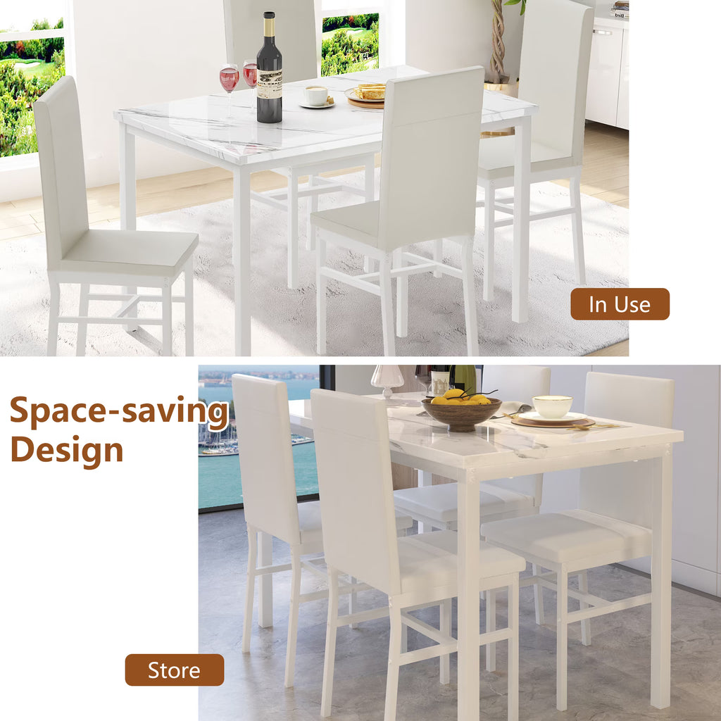 Dining Room Table Set for 4, Compact Kitchen Table and Chairs Set, Including 4 Upholstered Chairs, Marble Tabletop Rectangular Table, White