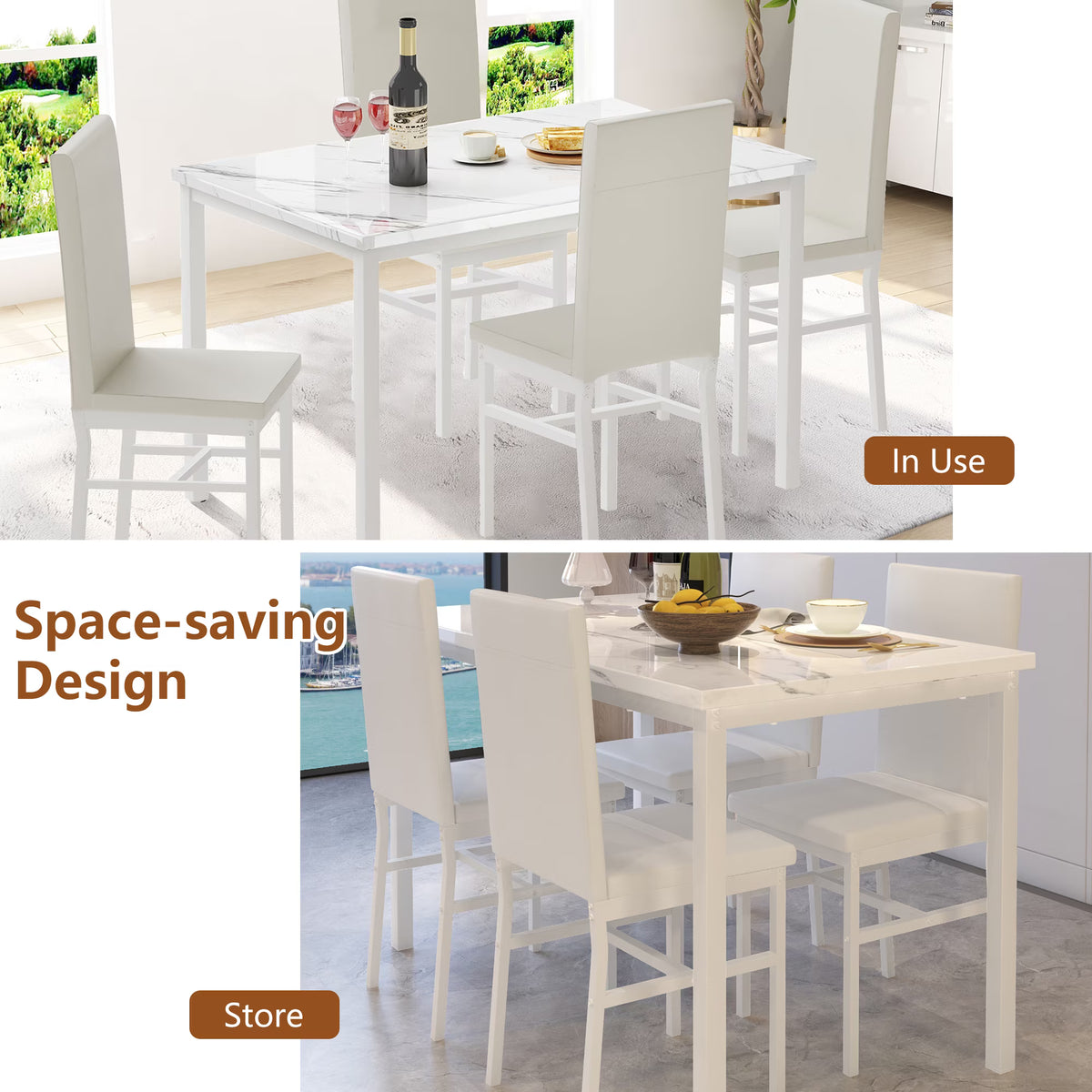 Dining Room Table Set for 4, Compact Kitchen Table and Chairs Set, Including 4 Upholstered Chairs, Marble Tabletop Rectangular Table, White