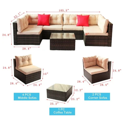 ENYOPRO 7-Piece Outdoor Patio and Garden Set, Modular Outdoor Casual Set with Coffee Glass Table and Cushions, Suitable for Patios, Gardens, Backyards, and Poolside (Light Brown)