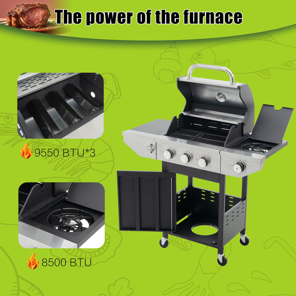 Enyopro 3 Burner Gas Grill , 37000 BTU Stainless Steel Propane Gas Grill with Side Burner, Outdoor BBQ Grill with Side Table and Thermometer, for Outdoor Camping BBQ