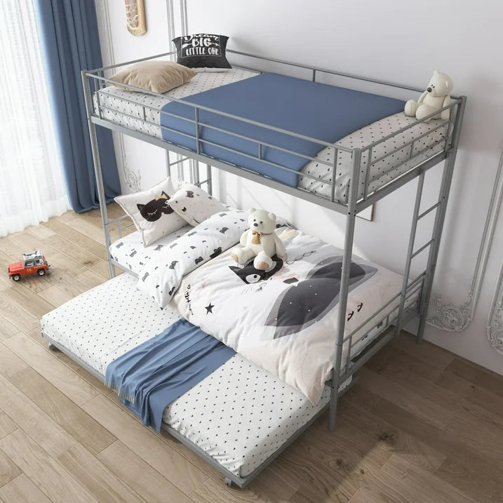 Enyopro Bunkbed with Roll Out Trundle Bed Frame, Metal Bunk Bed can be Divided into Two Twin Beds, Trundle Twin Bunk Bed with Ladders and Guardrails for Guest Room, Space Saving Bedroom Furniture