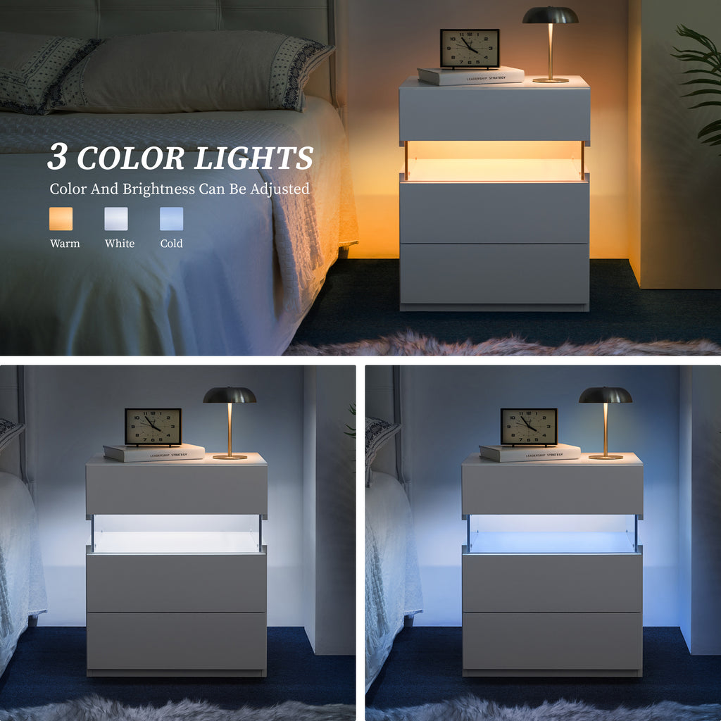 Enyopro LED Nightstand 3 Drawer for Bedroom, Wooden Side Table Storage Cabinet Unit with Acrylic Board for Living Room Bedside Furniture, White