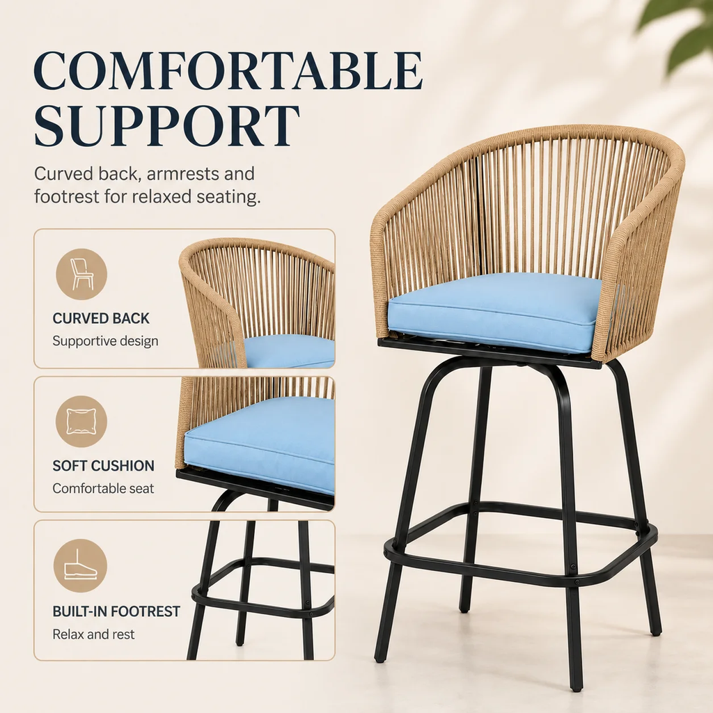 Outdoor Swivel Bar Stools Set of 4, Counter Height Wicker Patio Bar Chairs with Backs, Armrests, Cushions and Footrests, All-Weather Rattan Seating for Poolside, Deck and Balcony