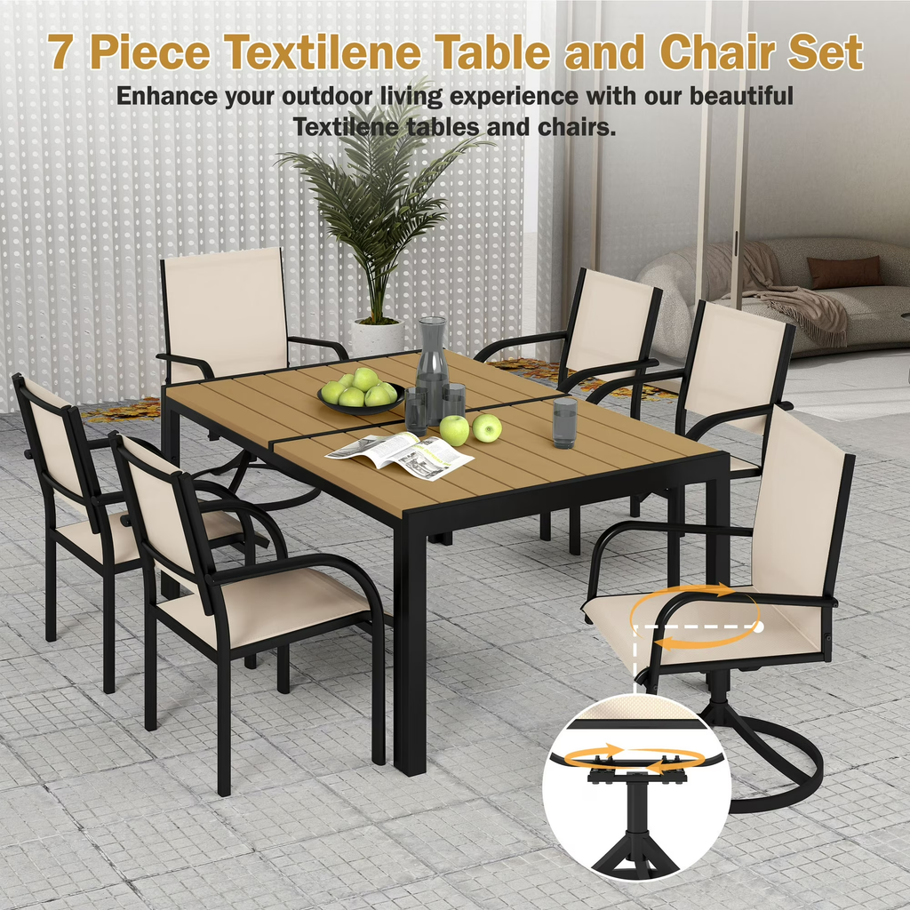 Enyopro 7-Piece Outdoor Patio Dining Set with Rectangle Steel Table & Textilene Chairs for 6-Person, Patio Conversation Set for Backyards, Porches, Lawn,Black & White