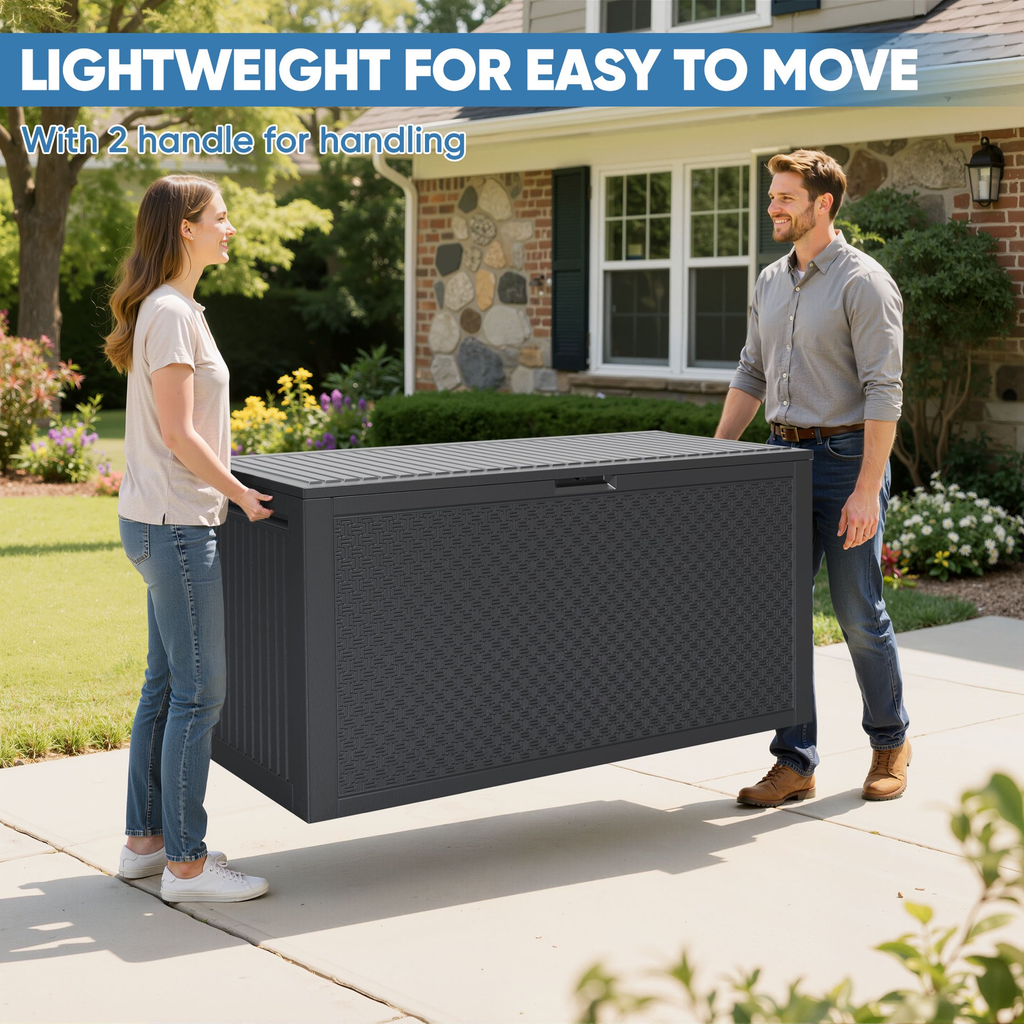 90 GALLON Deck Box, Outdoor Plastic Waterproof Storage Box Bench, Indoor Storage Bin Container for Patio Cushions, Garden Tools and Pool Toys, Gray