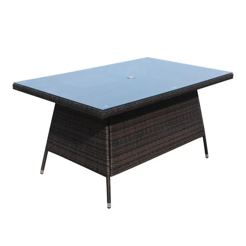 Outdoor Patio Dining Table 63" x 39.4" Rectangular Aluminum Outdoor Clear Glass Dining Table, seats 6, brown