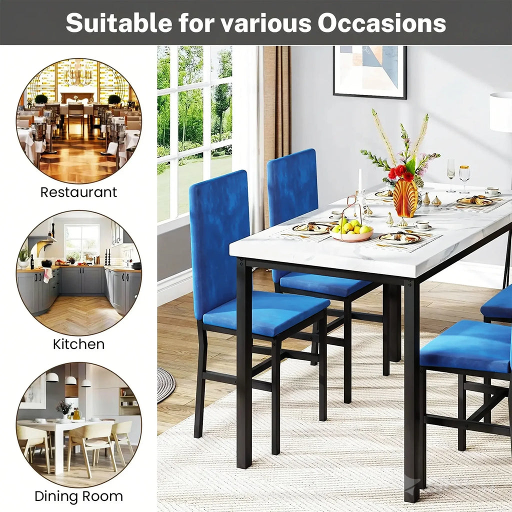 Dining Table Set for 4, Modern Marble Dine Table with 4 Velvet Chairs, Modern Kitchen Table Set for Home, Breakfast Nook, Cafeteria Dining Room, DarkBlue
