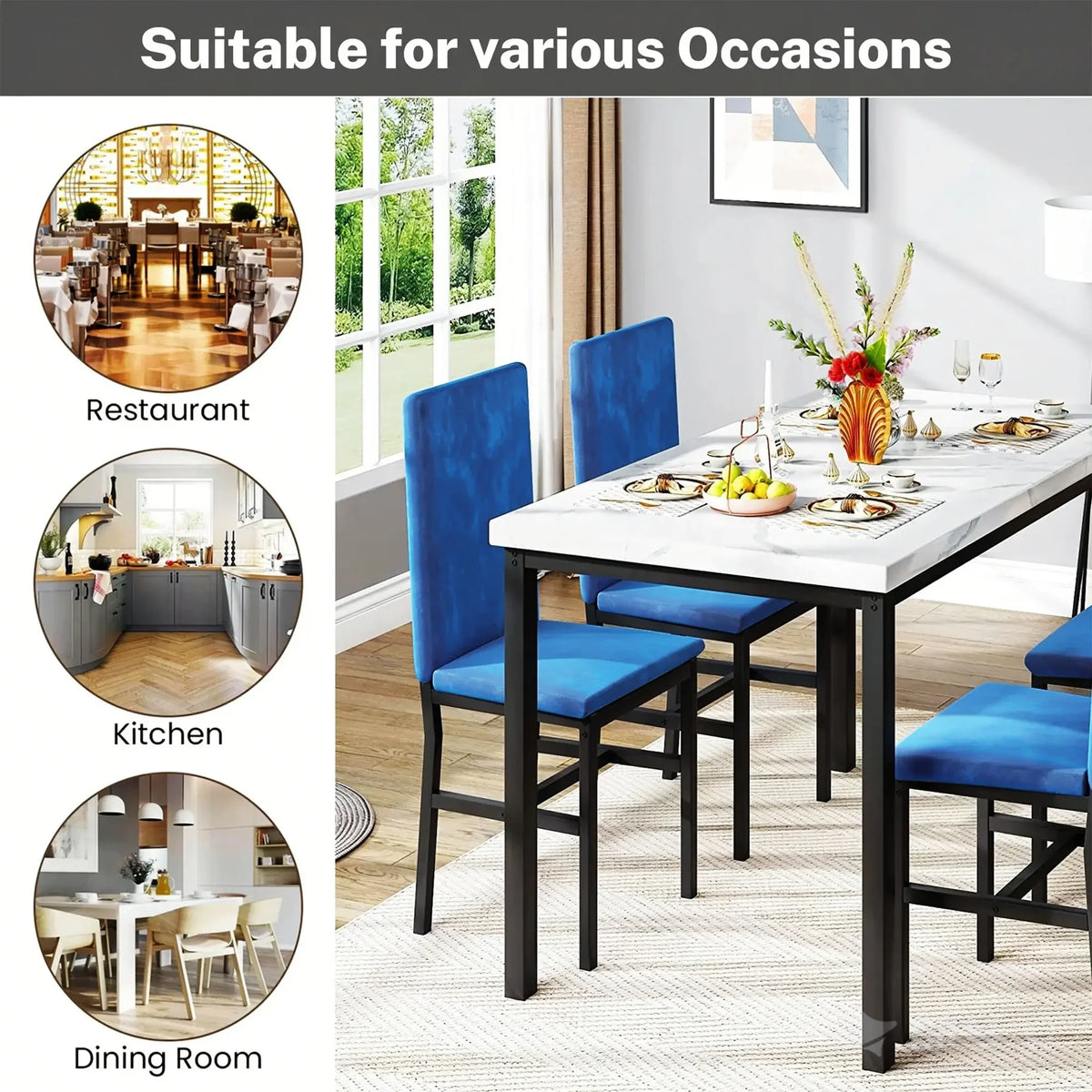 Dining Table Set for 4, Modern Marble Dine Table with 4 Velvet Chairs, Modern Kitchen Table Set for Home, Breakfast Nook, Cafeteria Dining Room, DarkBlue