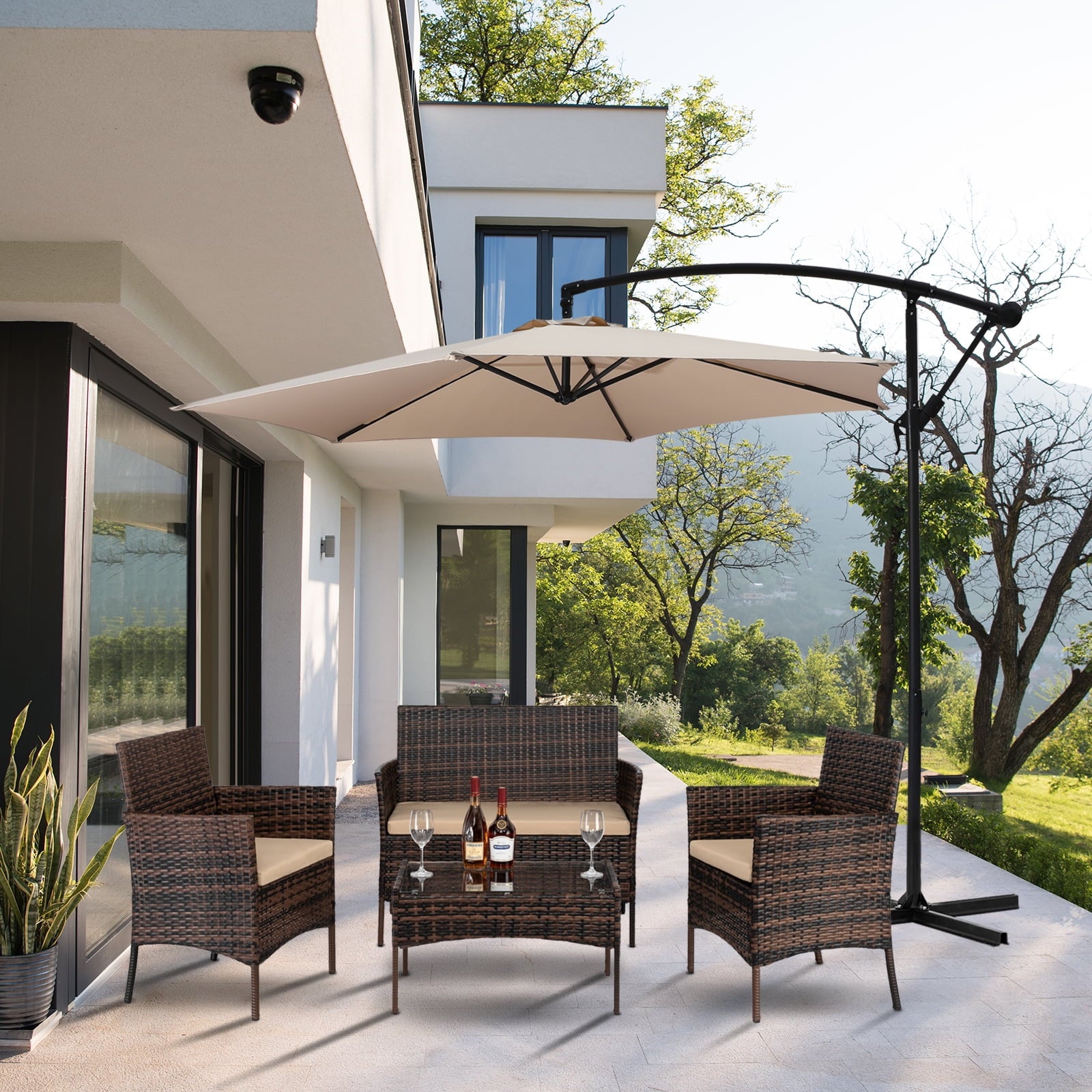 Enyopro 4-Piece Patio Furniture Set, with 2 Arm Chairs, Love Seat & Tempered Glass Coffee Table, Rattan Outdoor Conversation Chair Sets for Patio Porch Deck Balcony, Brown