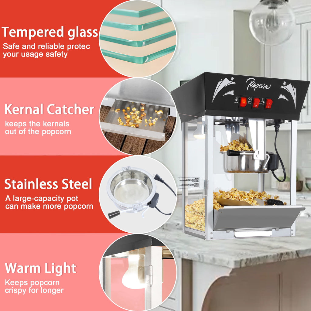 Popcorn Machine Commercial, Enyopro 12oz Kettle Stainless Steel Popcorn Machine with Tempered Glass, Warming Deck, 850W Countertop Popcorn Popper for Home, Movie Theatre, Parties