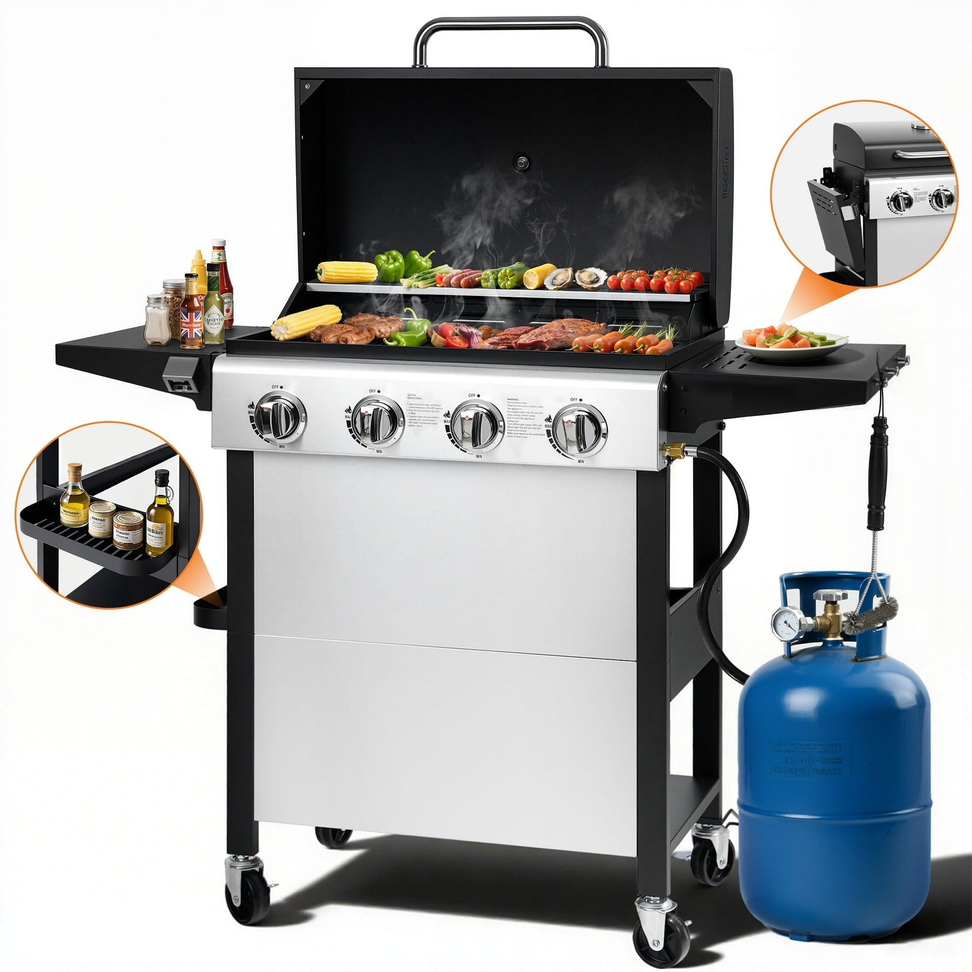 Enyopro Gas Grill, 4-Burner Propane BBQ Grill, 40,00BTU Output With Wire Enamel Cooking Grids For Outdoor Barbecue, Foldable Side Table, Hanging Basket, Stainless Steel