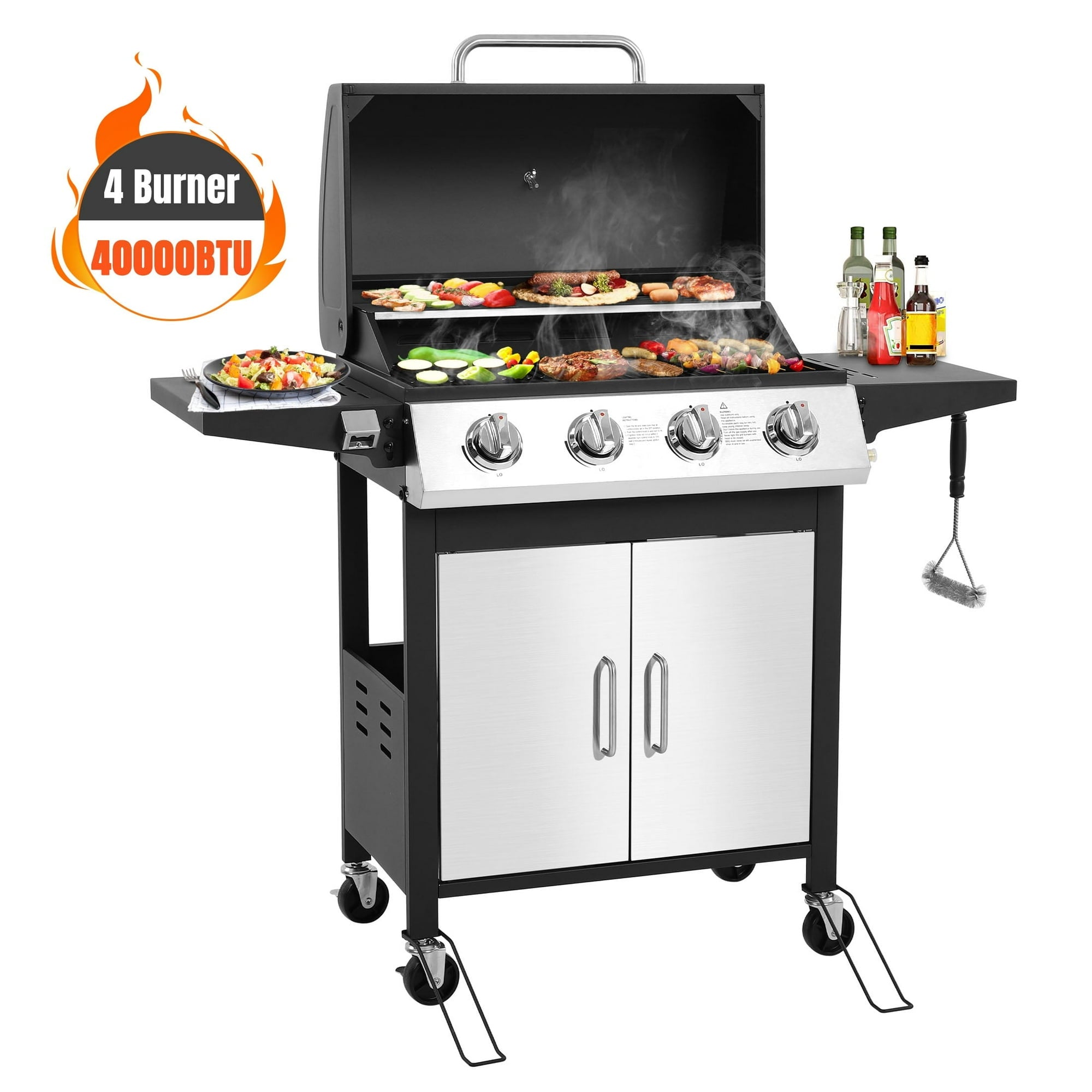 Enyopro 4 Burner Propane Gas Grill, 40,000BTU Stainless Steel BBQ Grill with Brush, Built-in Thermometer, 4 Universal Wheels for Outdoor Cooking Patio Backyard