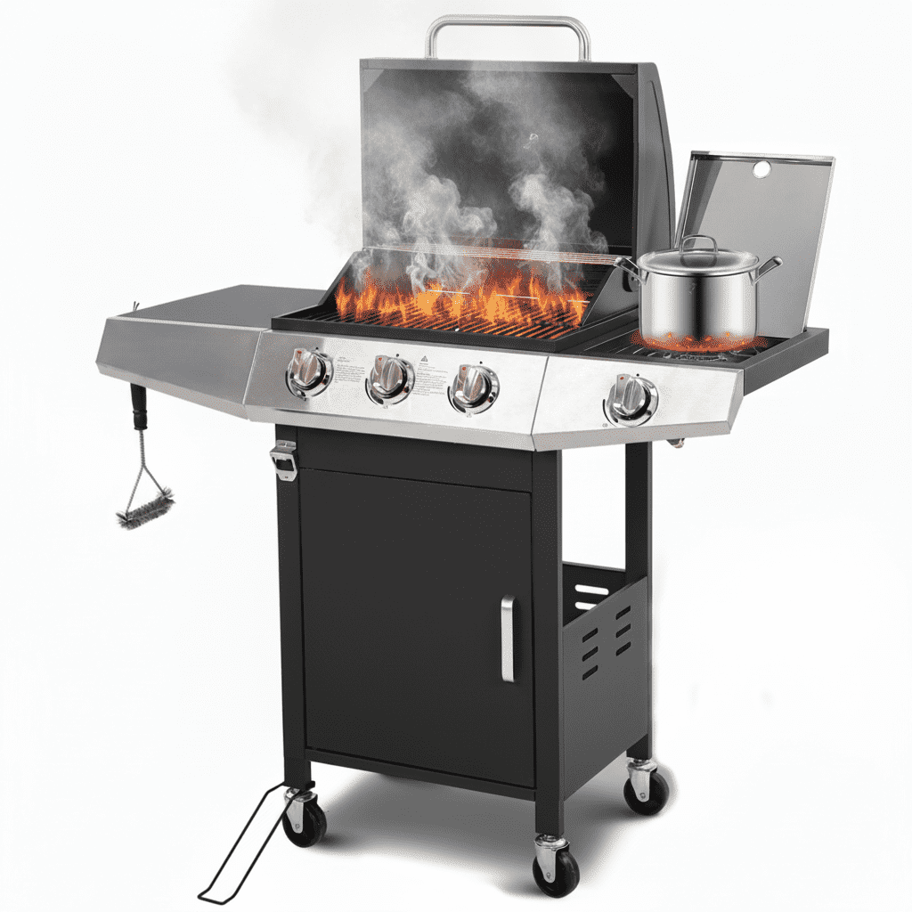 Enyopro 3 Burner Propane Gas Grill, 40,000BTU Stainless Steel BBQ Grill with Brush, Built-in Thermometer, 4 Universal Wheels for Outdoor Cooking Patio Backyard