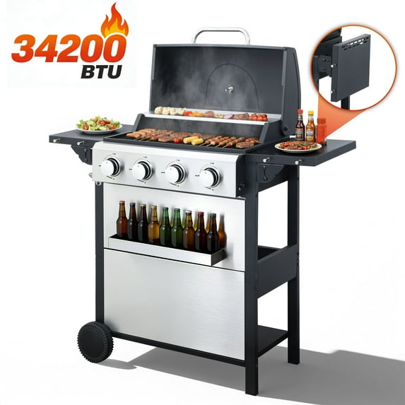 4 Burner Stainless Steel Propane Gas Grill, Barbecue Gas Grill with Side Table and Thermometer, 34000BTU Outdoor BBQ Camping Grill
