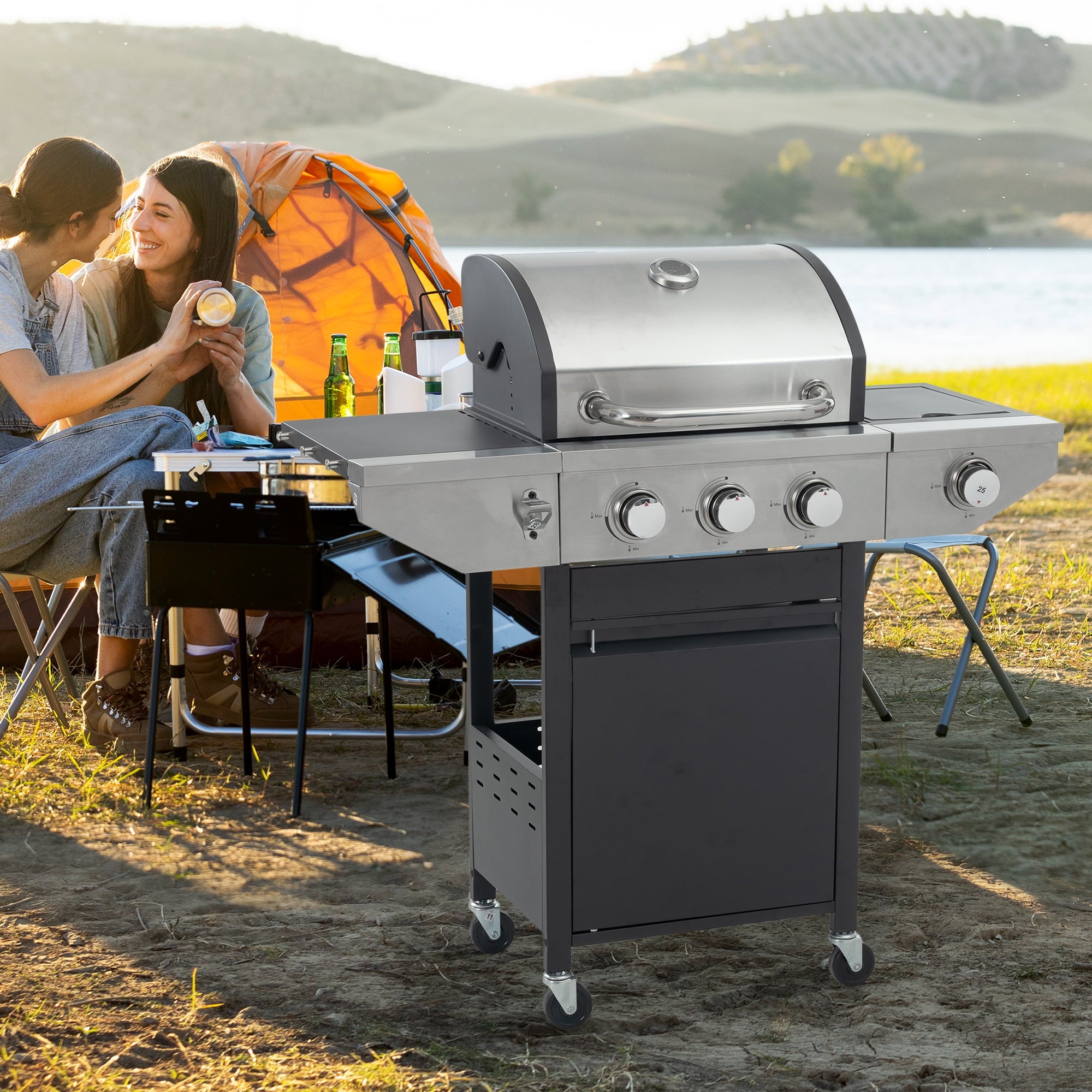 Enyopro 3 Burner Gas Grill , 37000 BTU Stainless Steel Propane Gas Grill with Side Burner, Outdoor BBQ Grill with Side Table and Thermometer, for Outdoor Camping BBQ