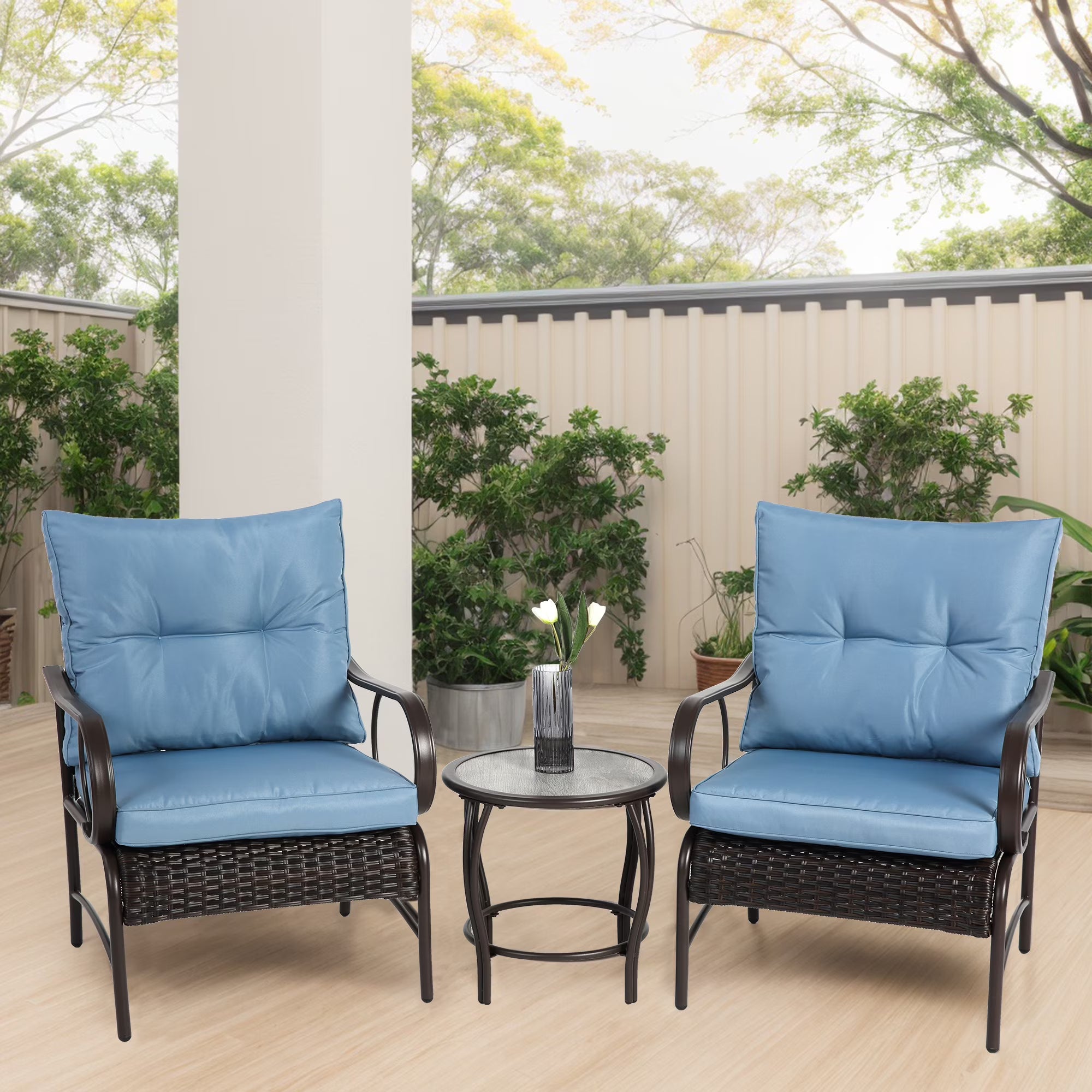 3 Piece Patio Furniture Set, Wicker Chairs Bistro Set with Table, All Weather Small Patio Set Balcony Furniture for Yard Deck Porch, Blue