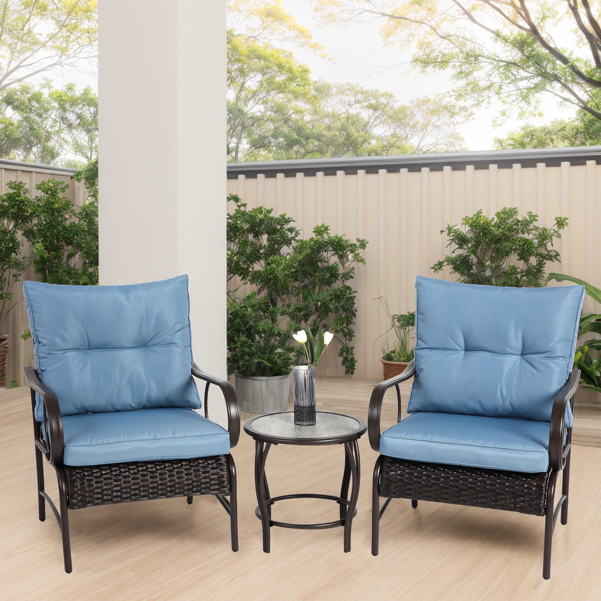3 Piece Patio Furniture Set, Wicker Chairs Bistro Set with Table, All Weather Small Patio Set Balcony Furniture for Yard Deck Porch, Blue