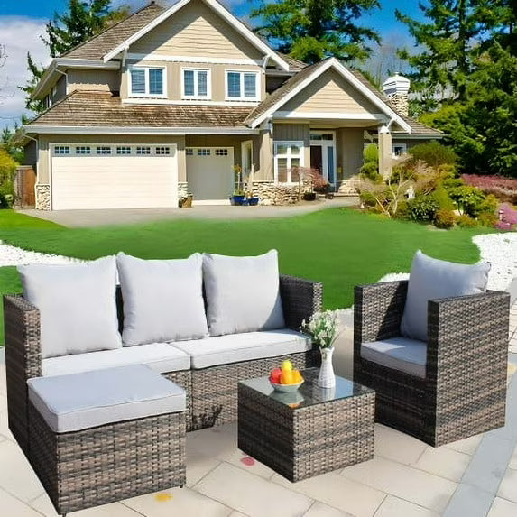 4-Piece PE Rattan Upholstered Sofa Set with Light Gray Cushions and Glass Coffee Table, Suitable for Balconies, Lawns, and Gardens