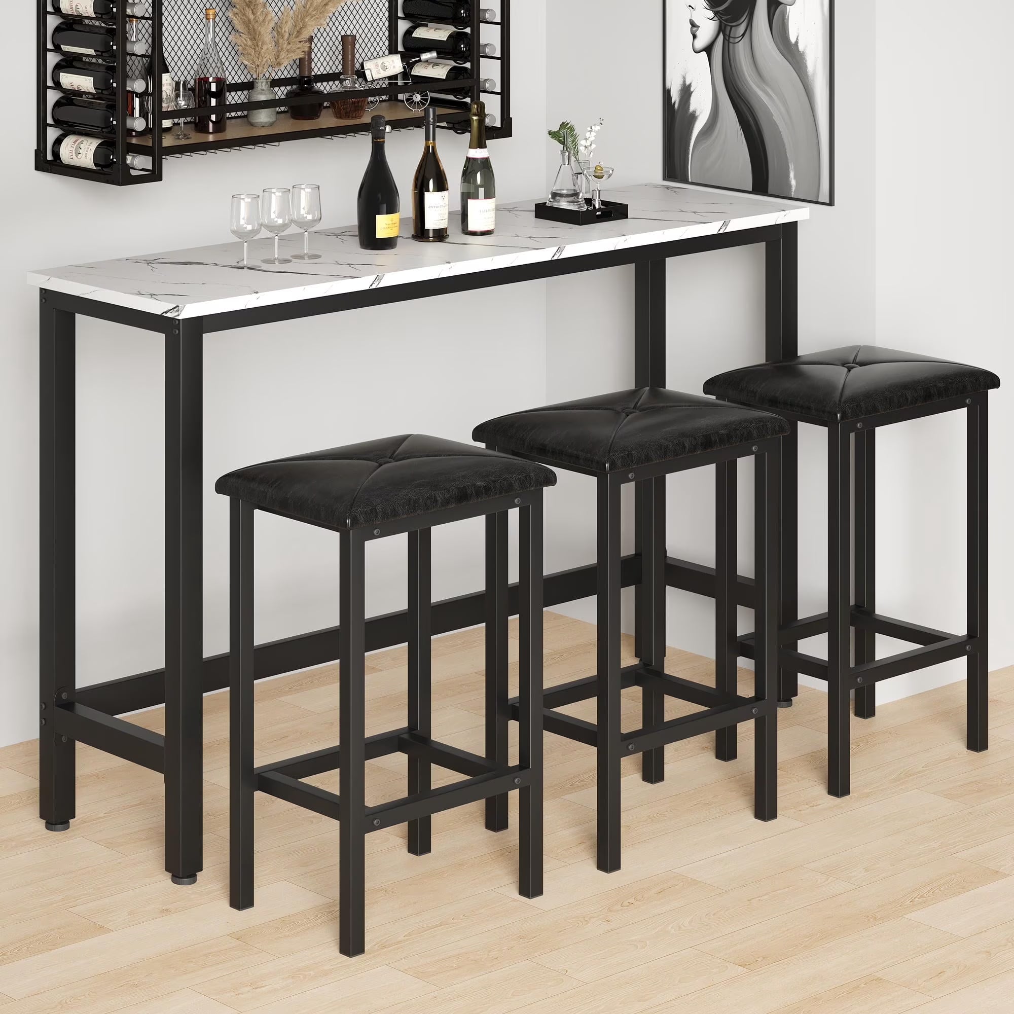 4 Pieces Dining Table Set, Extra Long Bar Table Set with 3 Upholstered Stools, Kitchen Tables Set for Small Spaces, Breakfast Nook, Dining Room, Restaurant, White