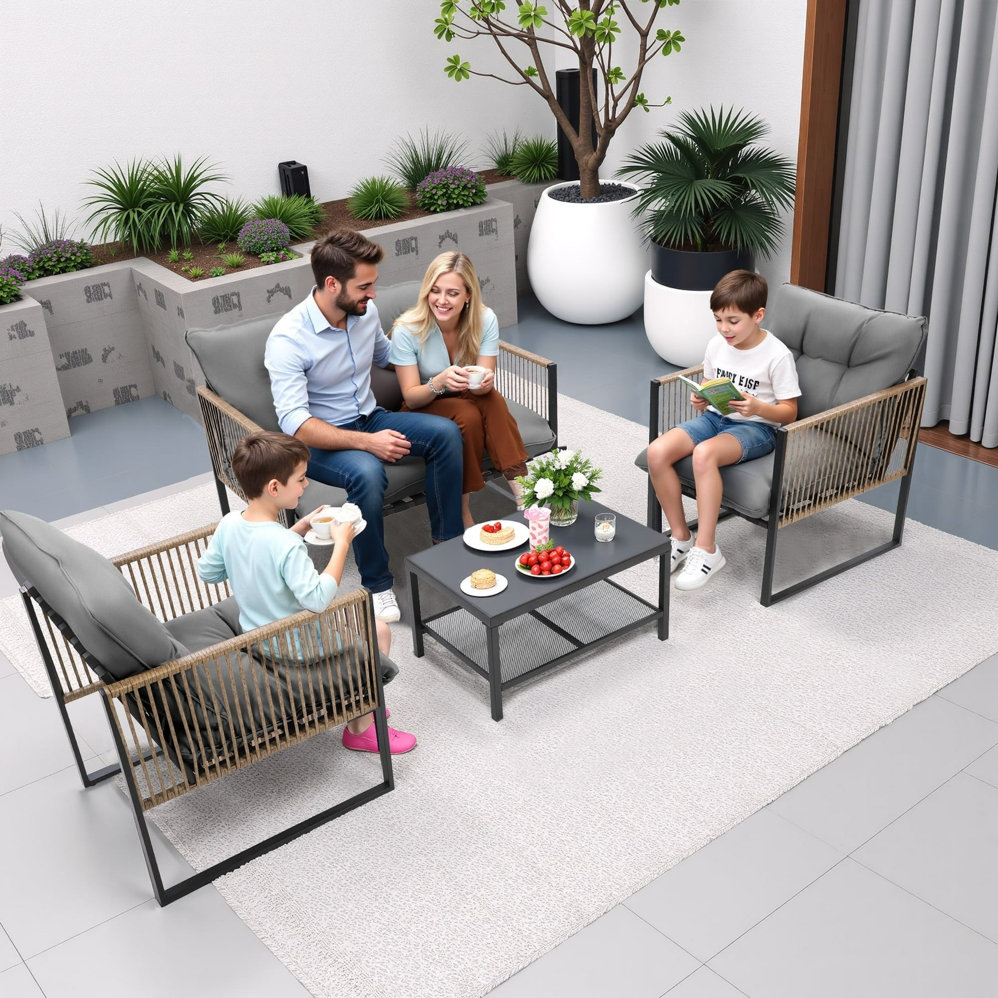 Enyopro 4 Piece Wicker Patio Furniture Set, Outdoor Rattan Conversation Sets, Cushioned Secitional Sofa Sets with 2 Arm Chairs, Love Seat & Tempered Glass Coffee Table, for Patio Garden Deck Backyard