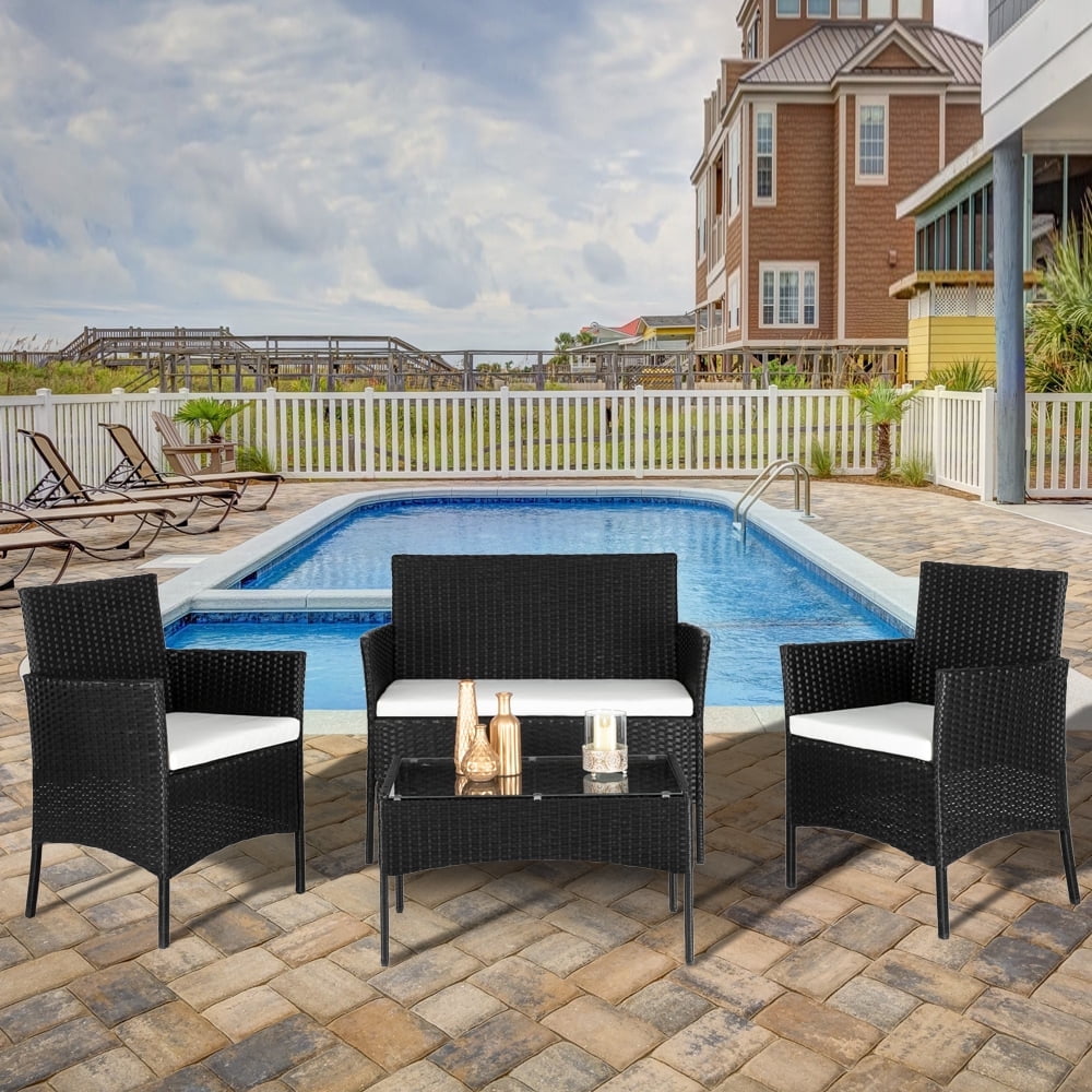 nyopro 4-Piece Patio Furniture Set, with 2 Arm Chairs, Love Seat & Tempered Glass Coffee Table, Rattan Outdoor Conversation Chair Sets for Patio Porch Deck Balcony, Black