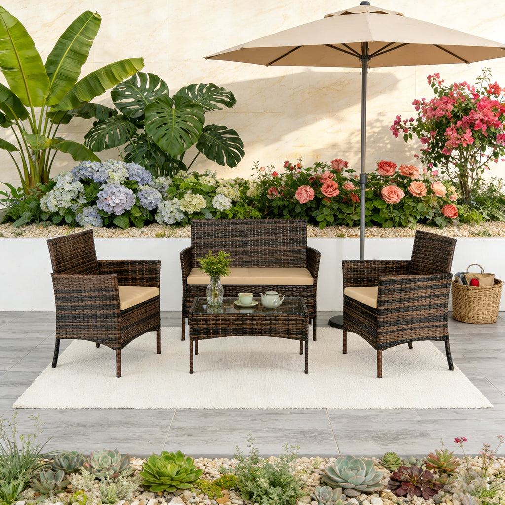 Enyopro 4-Piece Patio Furniture Set, with 2 Arm Chairs, Love Seat & Tempered Glass Coffee Table, Rattan Outdoor Conversation Chair Sets for Patio Porch Deck Balcony, Brown