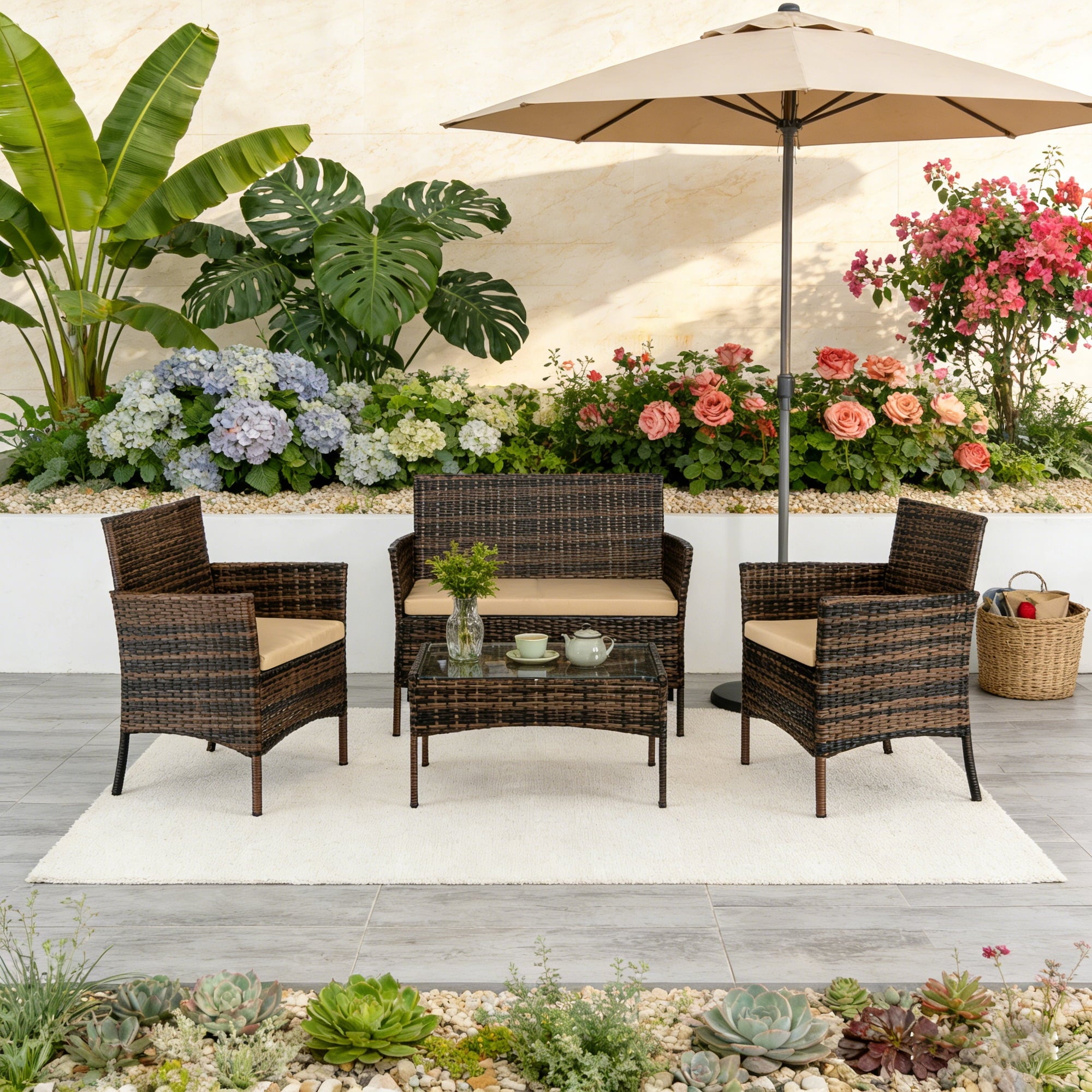 Enyopro 4-Piece Patio Furniture Set, with 2 Arm Chairs, Love Seat & Tempered Glass Coffee Table, Rattan Outdoor Conversation Chair Sets for Patio Porch Deck Balcony, Brown