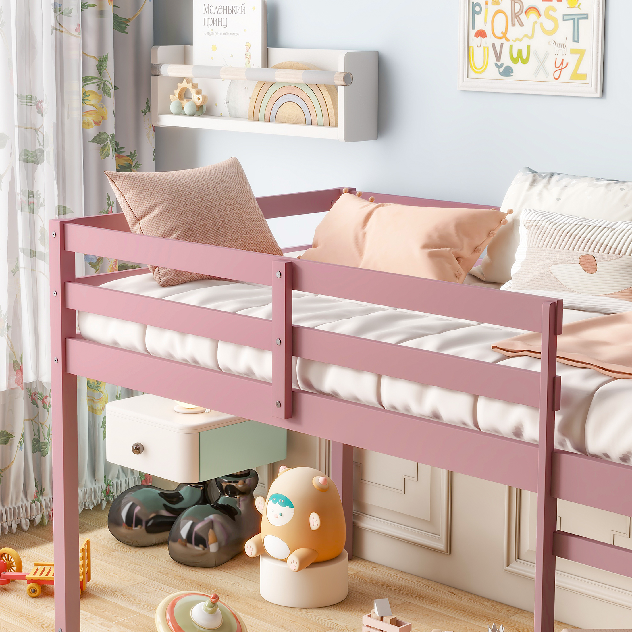 PAPROOS Twin Loft Bed with Ladder, Low Height Solid Wood Loft Bed Frame, Loft Bed with Guardrails and Storage Space Underneath, No Box Spring Needed, Pink