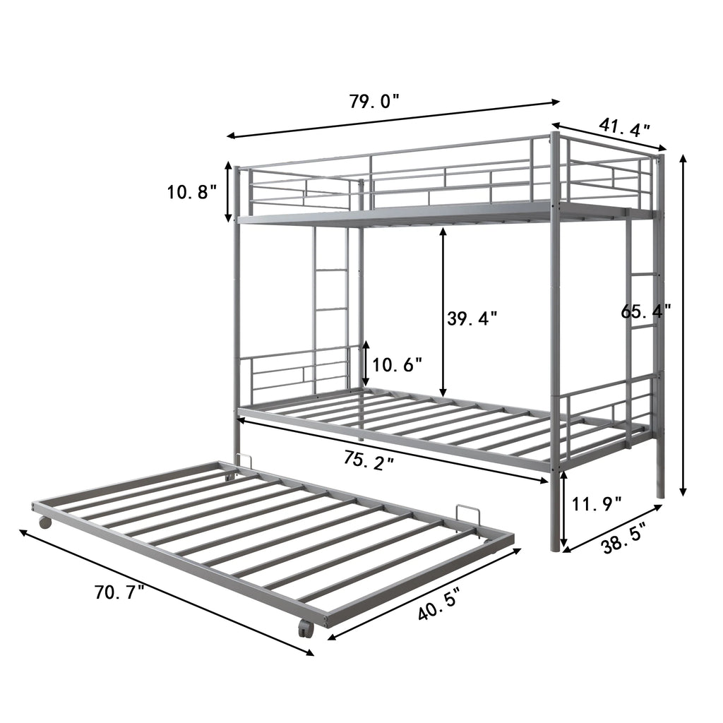 Enyopro Bunkbed with Roll Out Trundle Bed Frame, Metal Bunk Bed can be Divided into Two Twin Beds, Trundle Twin Bunk Bed with Ladders and Guardrails for Guest Room, Space Saving Bedroom Furniture