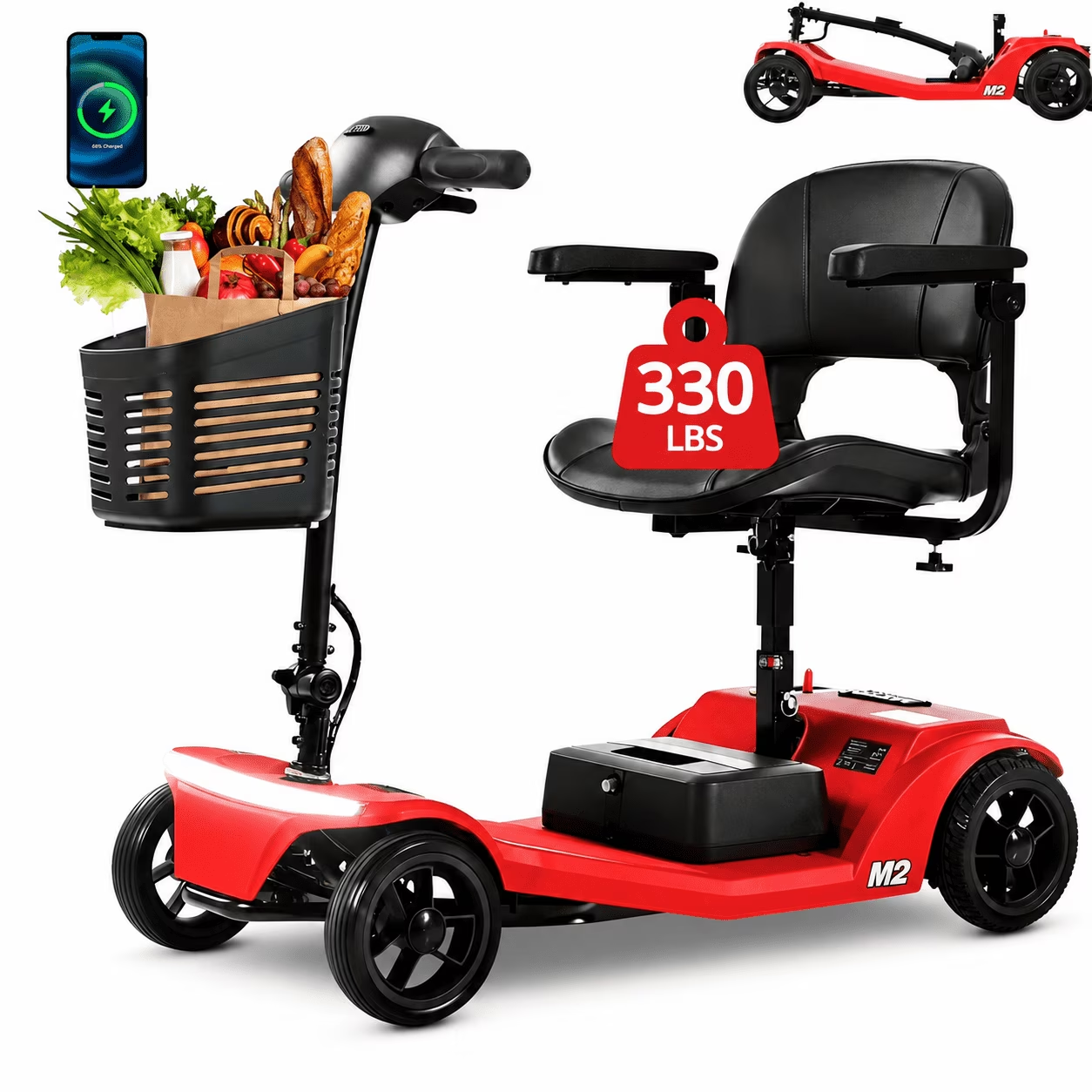 ENYOPRO Mobility Scooters for Seniors, 4 Wheel Foldable Electric Wheelchair Device with Bright Headlights USB Port, 330 lbs Capacity, Red