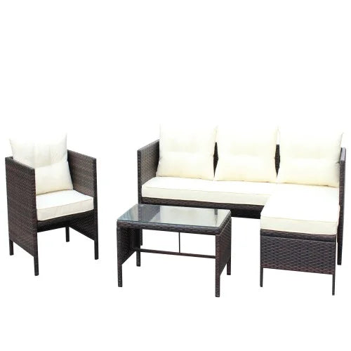 ENYOPRO 4-Piece Outdoor Patio Living Set, PE Rattan Modular All-Weather Lounge Set with Glass Table, Suitable for Patios, Gardens, Backyards, and Poolside (Off-White Cushions)