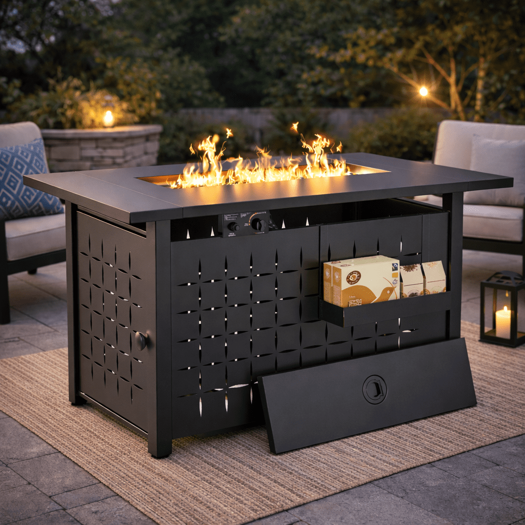 Enyopro 43" Propane Fire Pit Table, 60,000 BTU 2-in-1 Auto-Ignition Rectangular Fire Pit with Hidden Propane Tank Design, Lava Rock & Steel Lid for Patio, Porch, Garden, CSA & ETL Certified