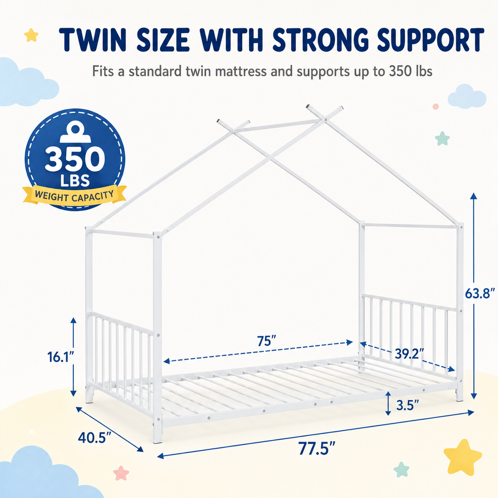 SESSLIFE Twin House Bed Frame White, Twin Floor Bed with Roof Frame, Montessori Style Metal Platform Bed with 18 Slats, No Box Spring Needed, 350 lb Support