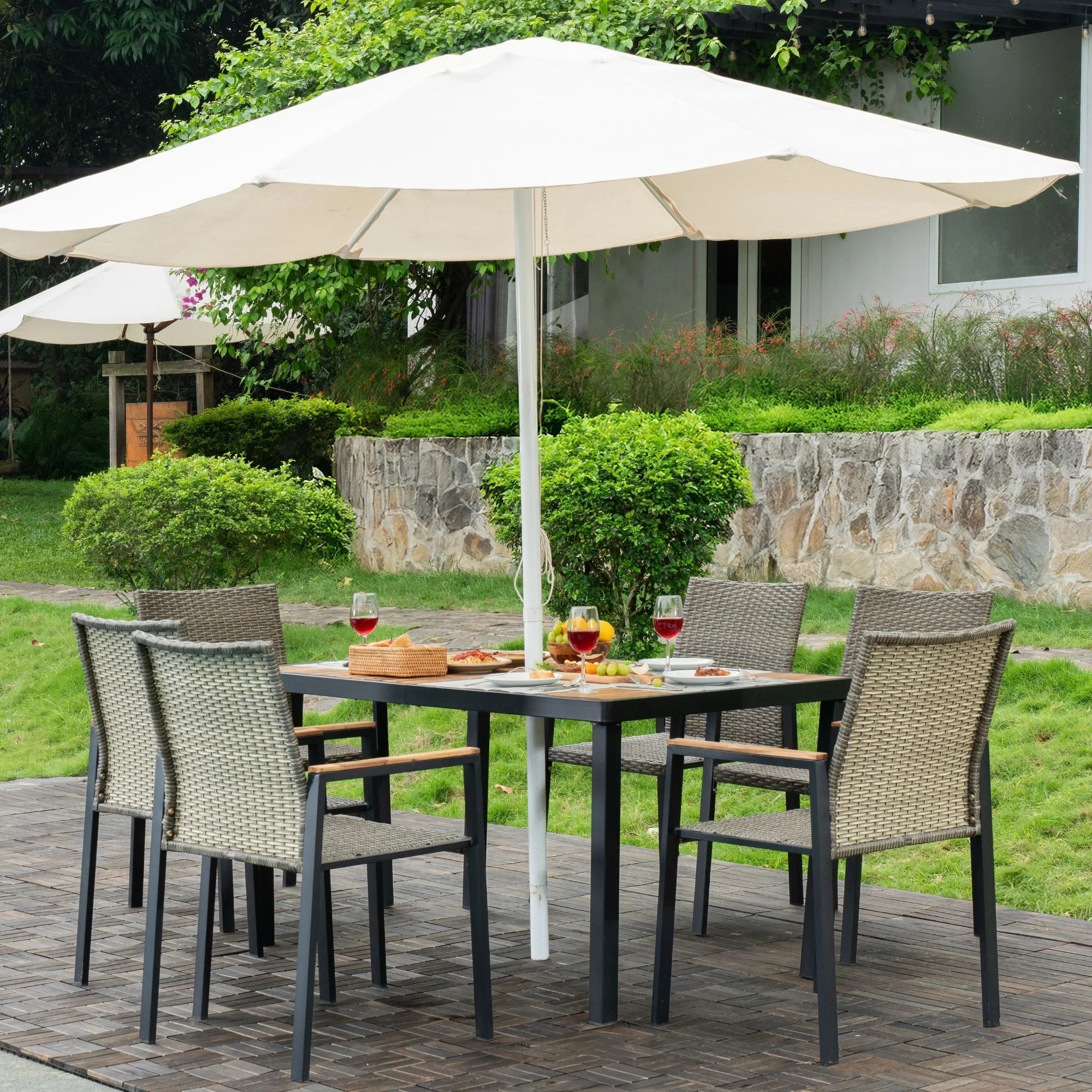 Enyopro 7 Piece Rattan Patio Dining Set, Acacia Wood Tabletop & Umbrella Hole, Modern Garden Conversation Set for Patio, Brown Gray
