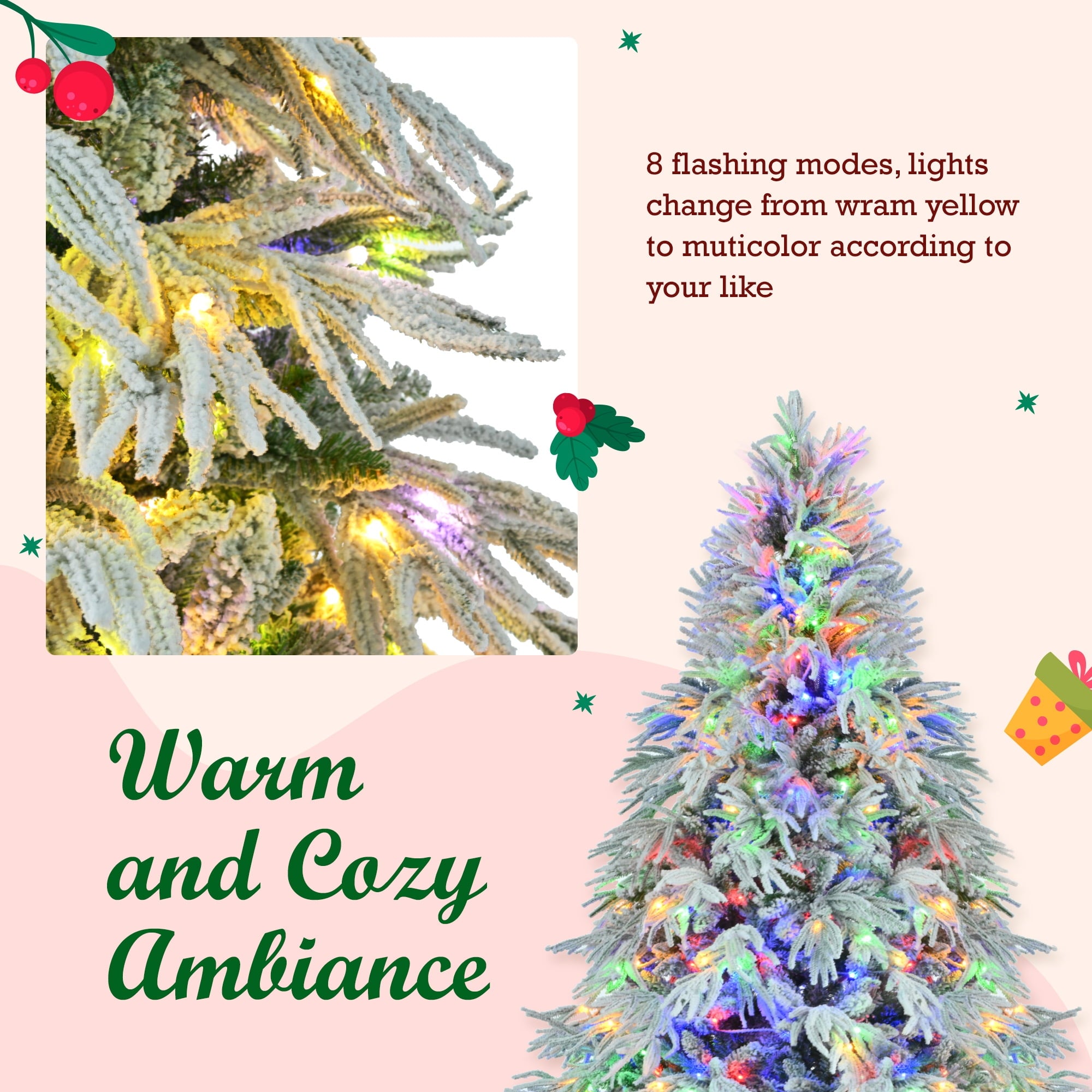 Enyopro 6FT Pre-Lit Christmas Tree, Artificial Hinged Spruce Xmas Tree with 300 Multi-Color LED Lights, 8 Flash Modes & 790 Branch Tips, Holiday Home Office Décor