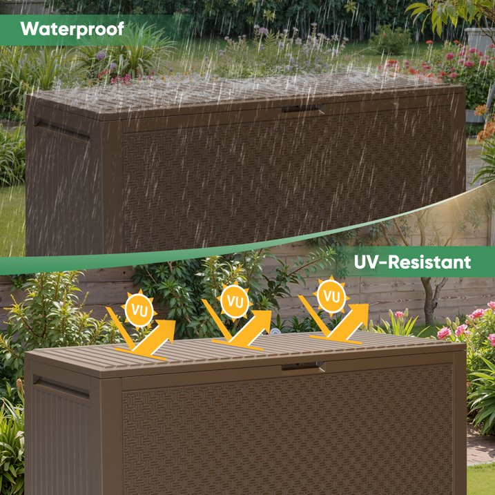 Enyopro 90 Gallon Deck Box, Organization and Storage Box for Patio Furniture Outdoor Cushions, Throw Pillows, Garden Tools and Pool Toys, Brown