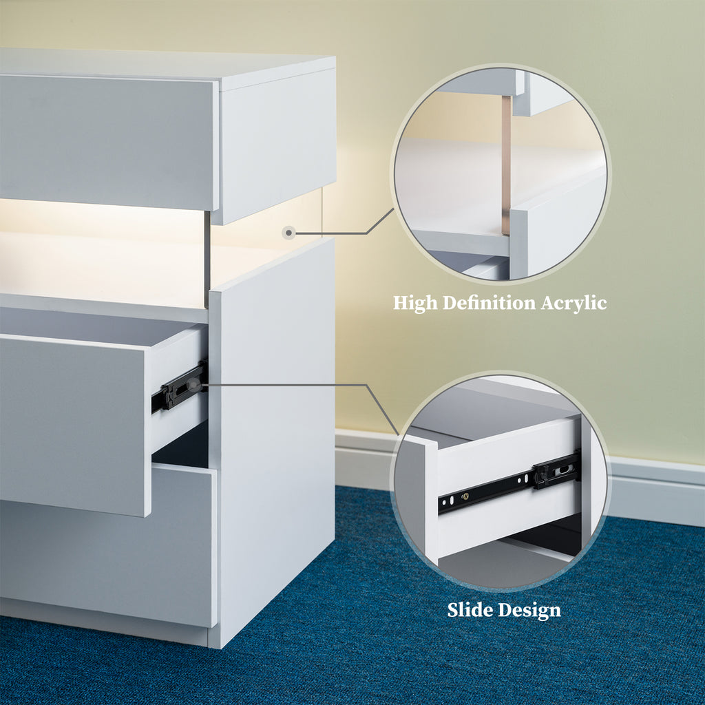 Enyopro LED Nightstand 3 Drawer for Bedroom, Wooden Side Table Storage Cabinet Unit with Acrylic Board for Living Room Bedside Furniture, White