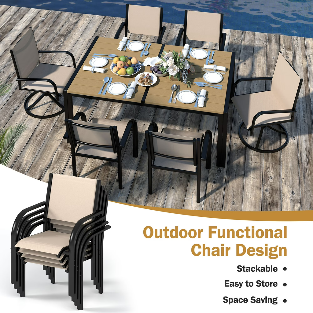 Enyopro 7-Piece Outdoor Patio Dining Set with Rectangle Steel Table & Textilene Chairs for 6-Person, Patio Conversation Set for Backyards, Porches, Lawn,Black & White