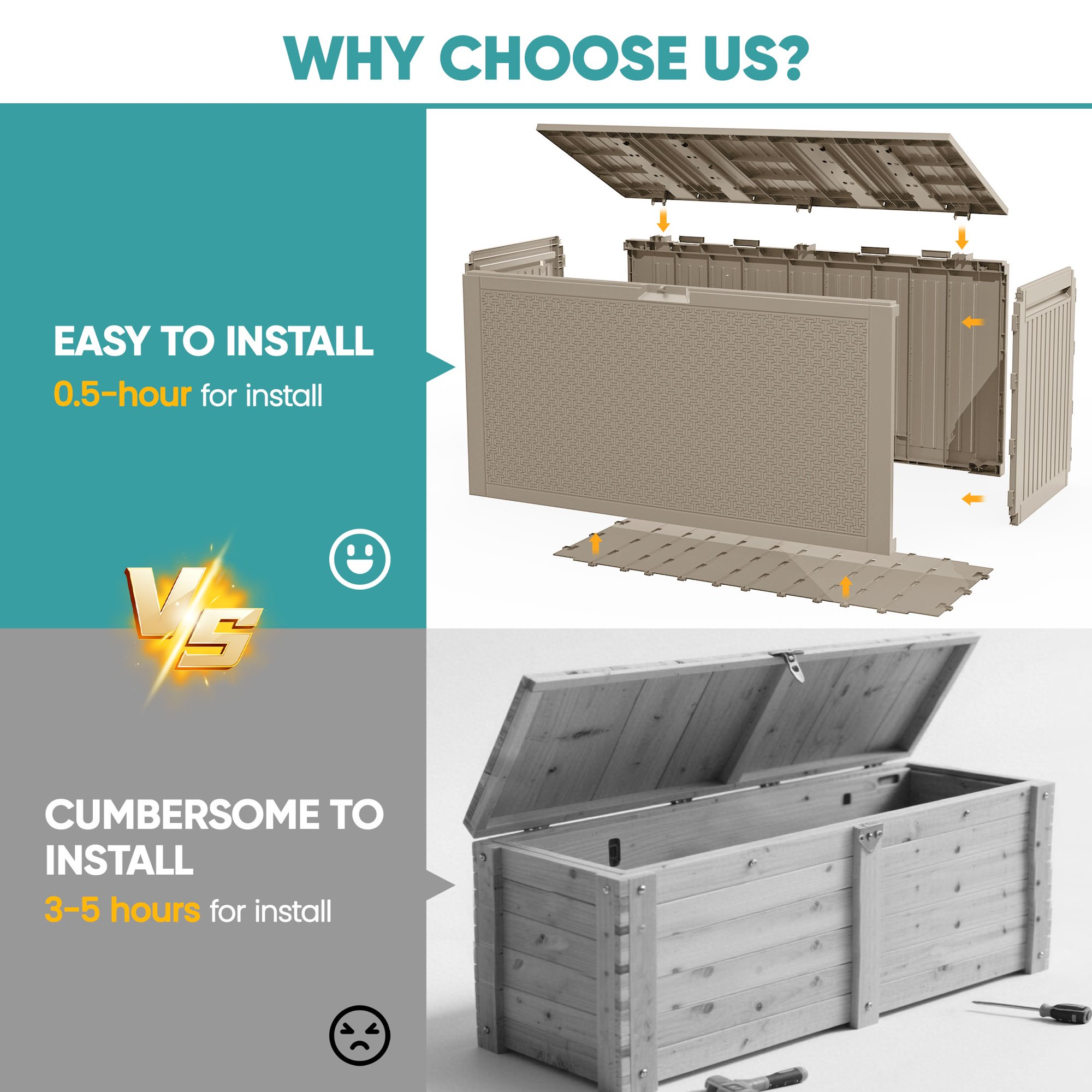 Enyopro 90 Gallon Deck Box, Organization and Storage Box for Patio Furniture Outdoor Cushions, Throw Pillows, Garden Tools and Pool Toys, Light Brown