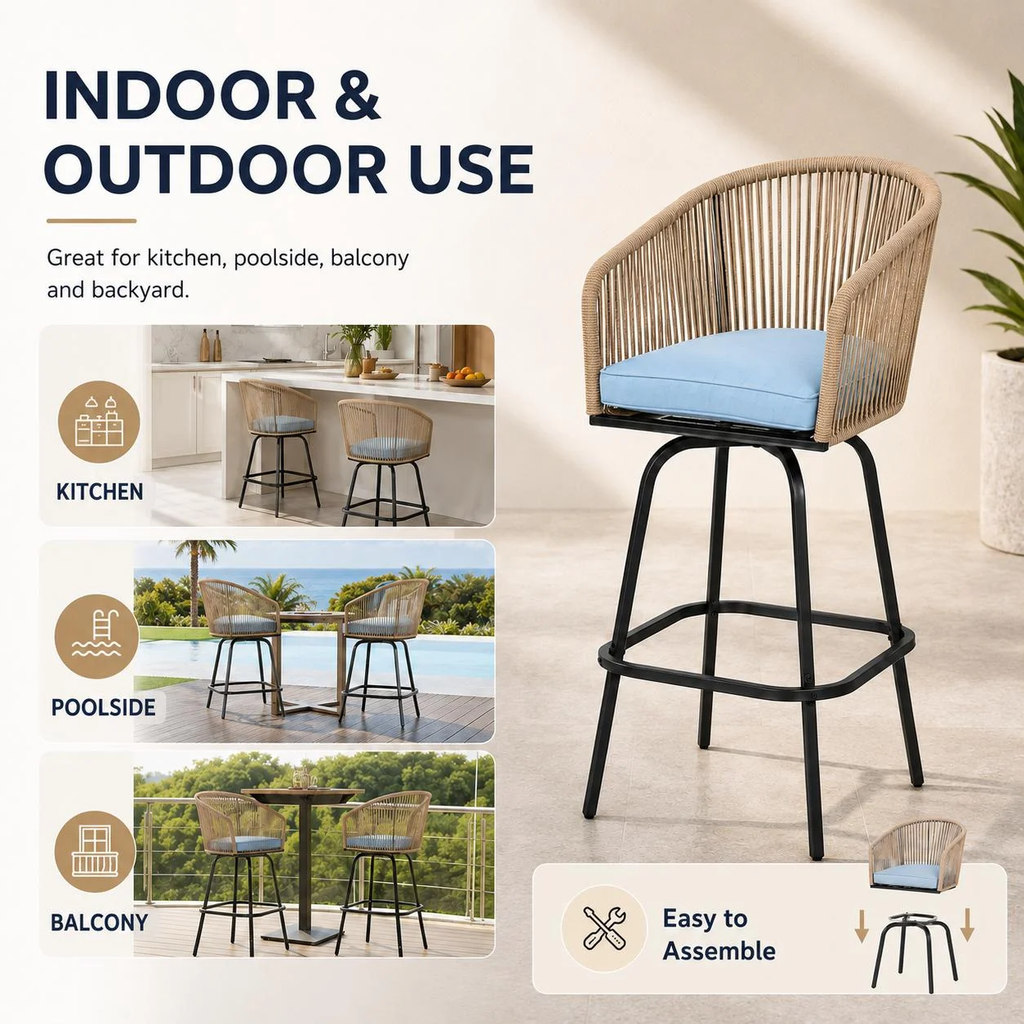 Outdoor Swivel Bar Stools Set of 4, Counter Height Wicker Patio Bar Chairs with Backs, Armrests, Cushions and Footrests, All-Weather Rattan Seating for Poolside, Deck and Balcony
