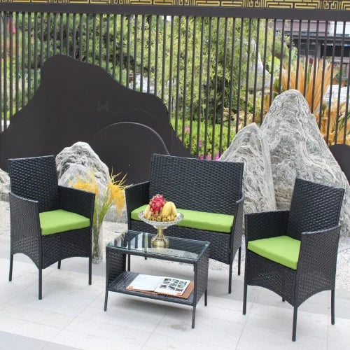 ENYOPRO 4-Piece PE Rattan Patio Conferencing Set, UV-Resistant Outdoor Patio Garden Upholstered Sofa Set with Glass Table (Green Cushions)