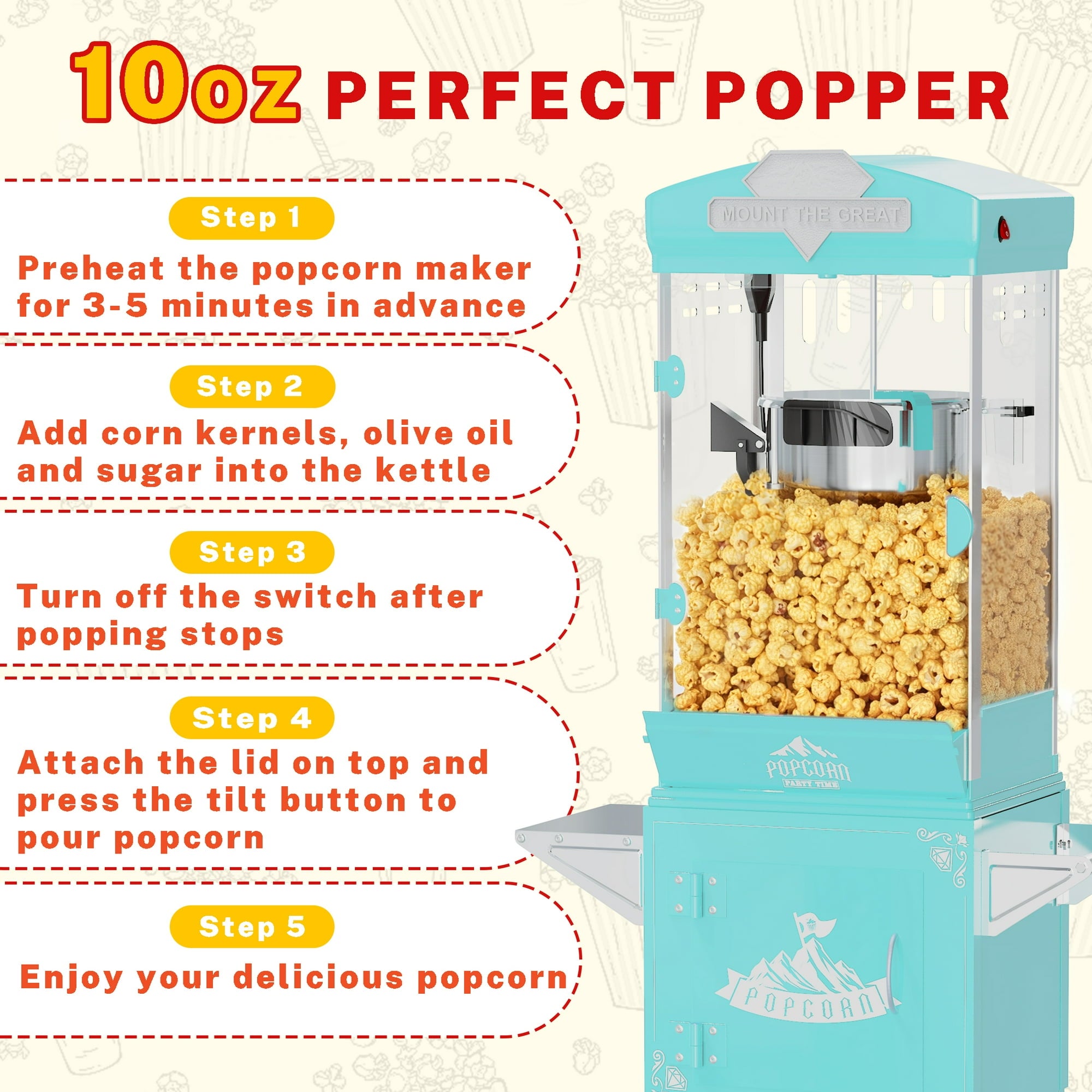 ENYOPRO 10 OZ Popcorn Machine with Professional Cart, Vintage Movie Theater Style Popcorn Maker, 40-Cup Capacity, Removable Stainless Steel Kettle, for Home Theater, Party, Wedding & Birthday, Cyan