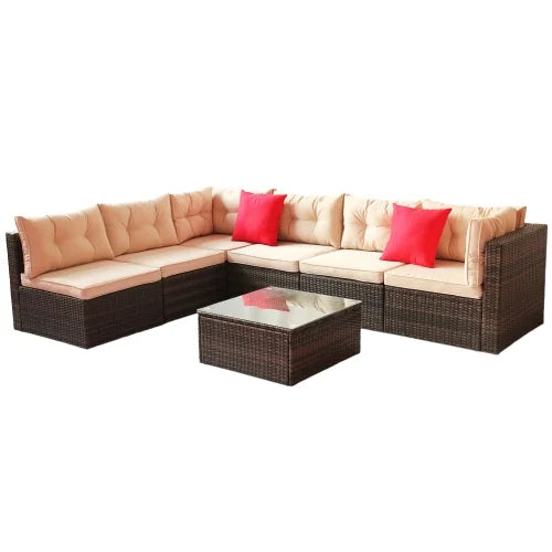 ENYOPRO 7-Piece Outdoor Patio and Garden Set, Modular Outdoor Casual Set with Coffee Glass Table and Cushions, Suitable for Patios, Gardens, Backyards, and Poolside (Light Brown)