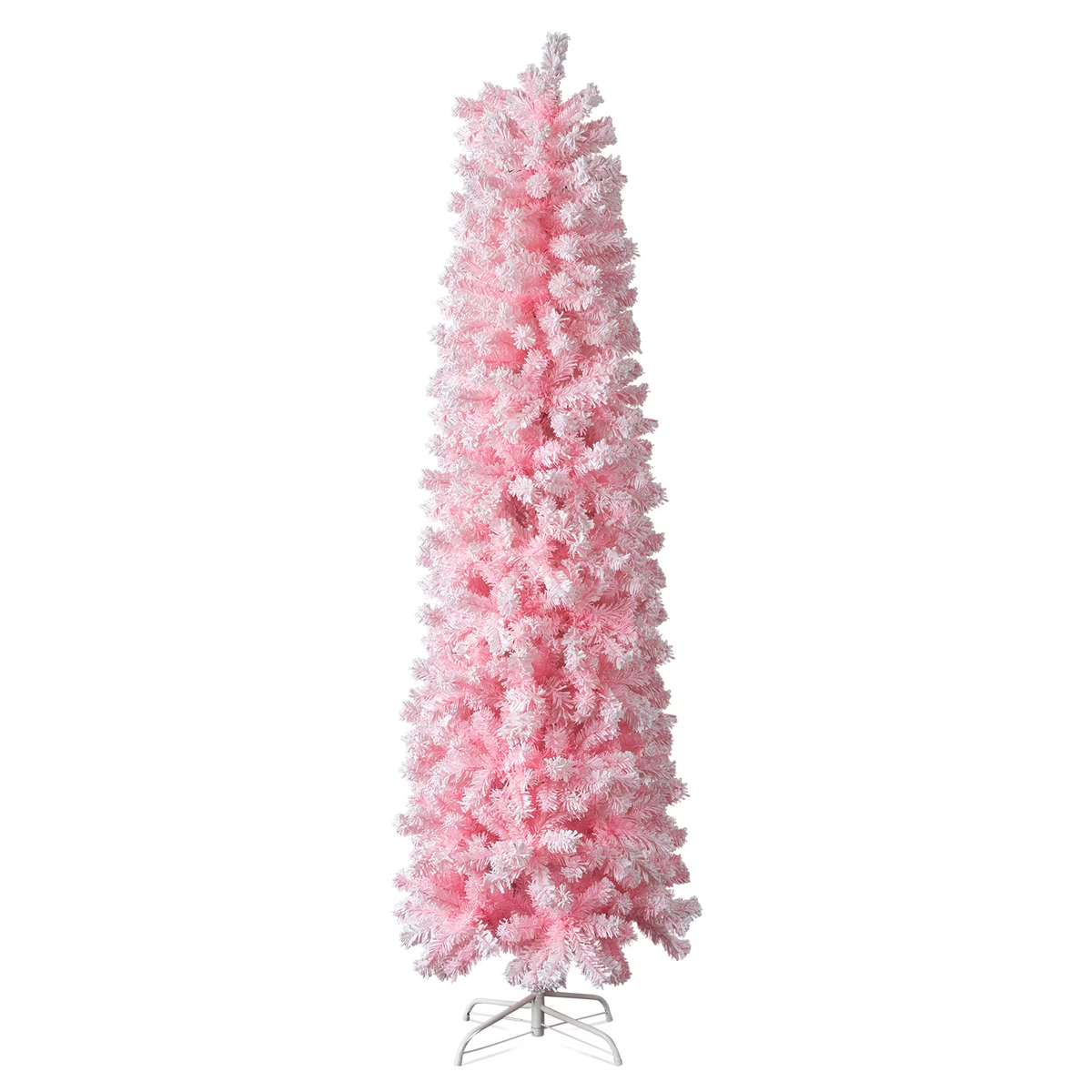 7.5ft Pink Artificial Pencil Christmas Tree, Snow Flocked Hinged Christmas Tree with 641 Branch Tips and Sturdy Stand, Xmas Trees for Indoor Outdoor Home Holiday Decoration