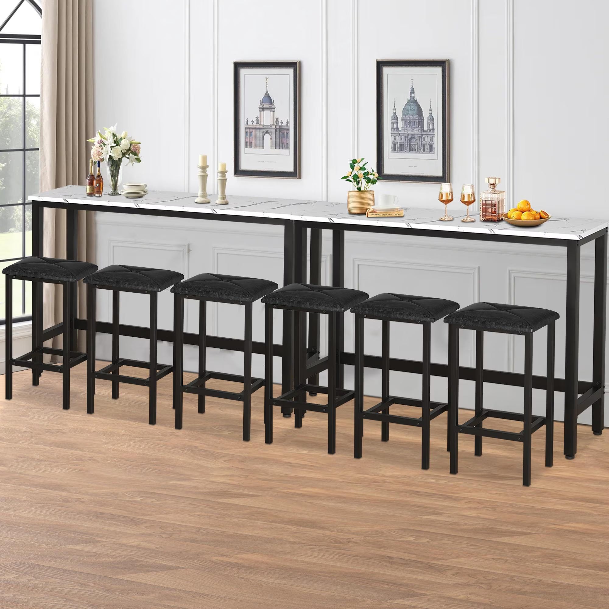 4 Pieces Dining Table Set, Extra Long Bar Table Set with 3 Upholstered Stools, Kitchen Tables Set for Small Spaces, Breakfast Nook, Dining Room, Restaurant, White