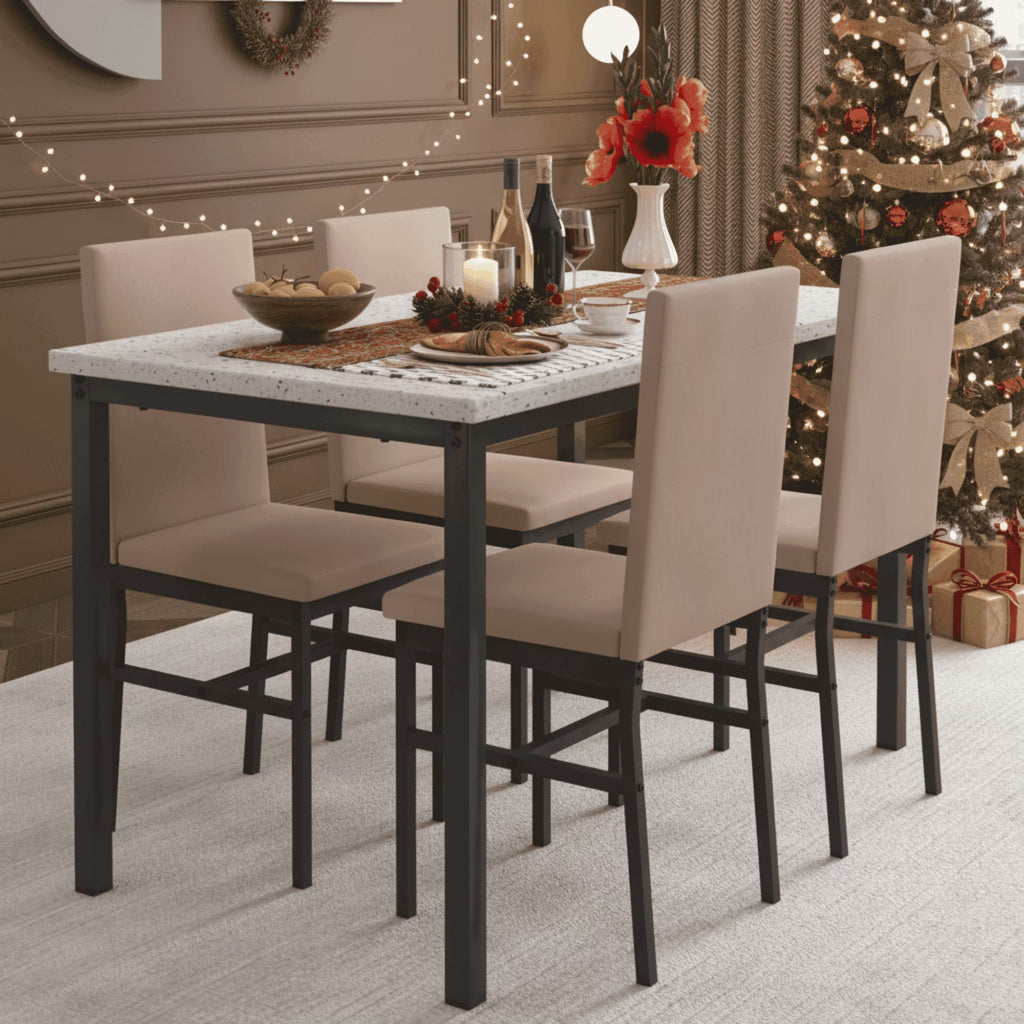 5 Piece Rectangle Dining Table Set for Small Space, Modern Faux Marble Tabletop and 4 Velvet Chairs, Compact Kitchen Table Set for Home, Breakfast Nook, Cafeteria Dining Room