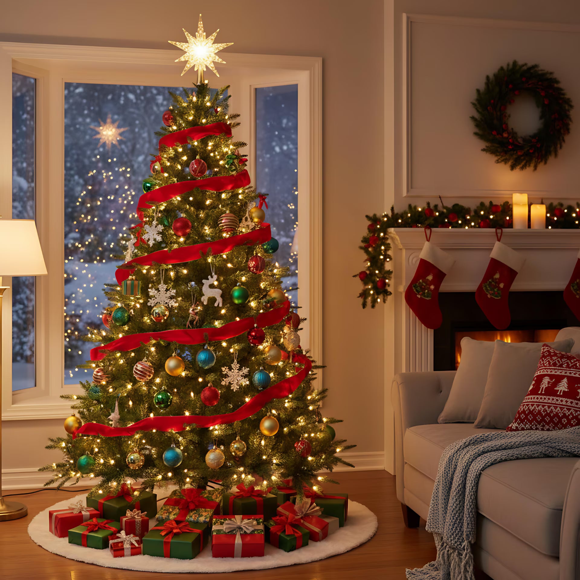 5-foot pre-assembled lighted Christmas tree with 300 LED lights, hinged and easy to assemble, with a foldable stand, perfect for home holiday decoration.