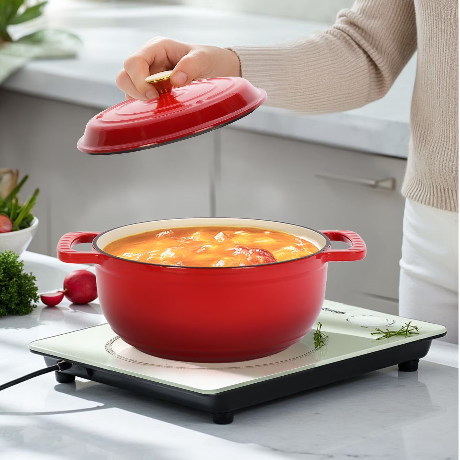 5-quart enameled cast iron Dutch oven with lid, featuring a drip-proof lid and heat-resistant double handles. Suitable for baking, grilling, stewing, and cooking. Double handles, red.