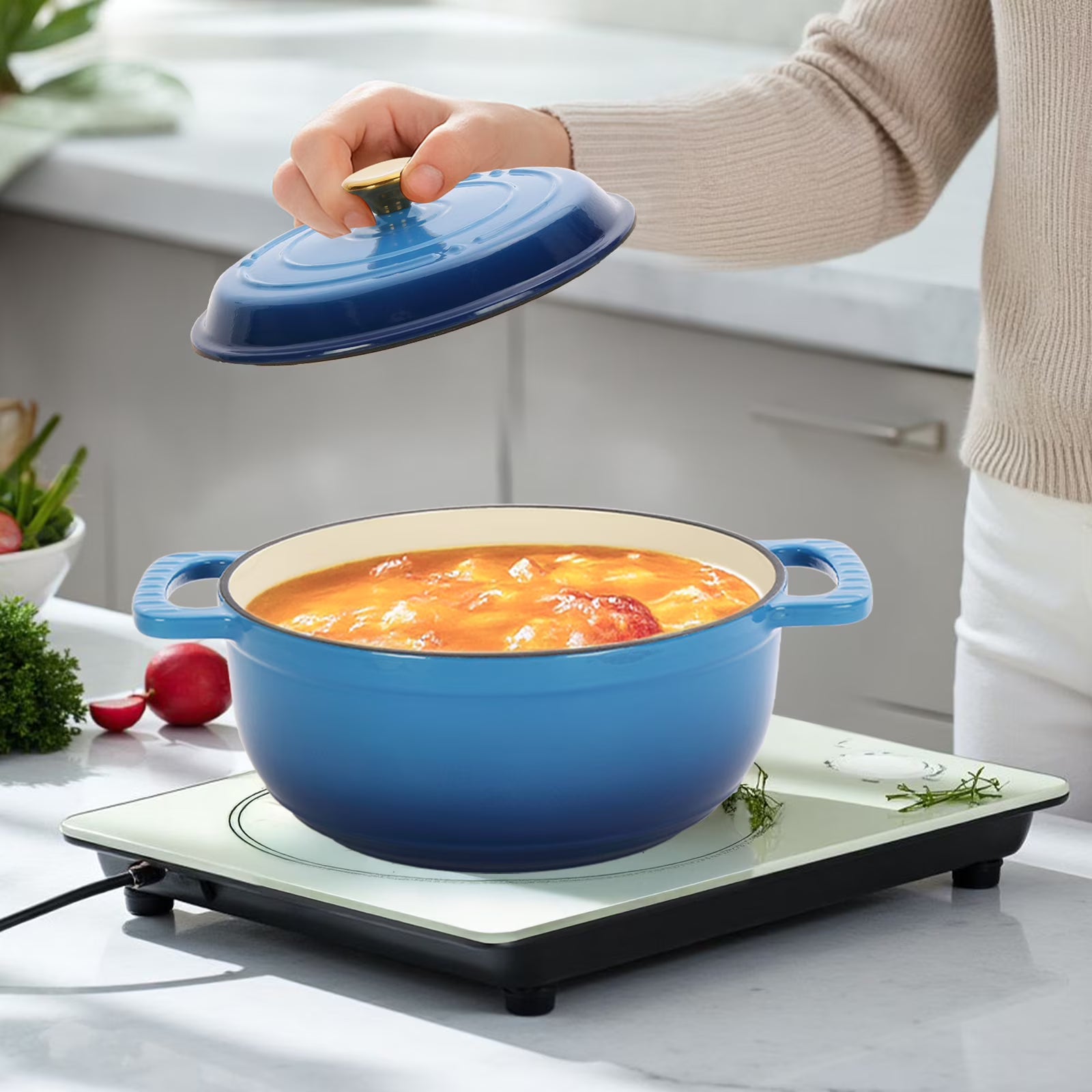 5-quart enameled cast iron Dutch oven with frying lid and heat-resistant, shatter-resistant handles, perfect for stewing, baking, searing, and grilling.blue.