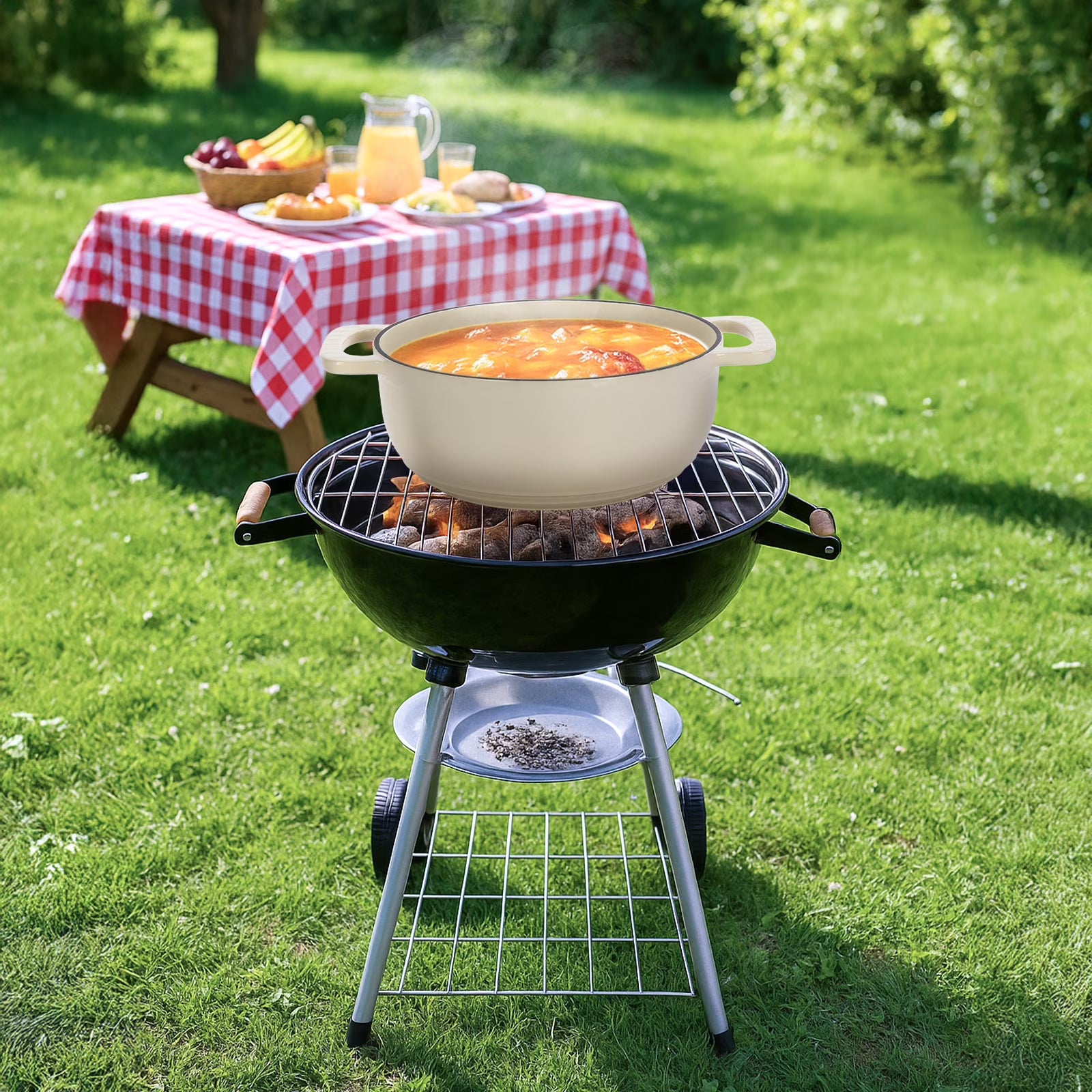 5-quart enameled cast iron Dutch oven with frying lid and heat-resistant, shatter-resistant handles, perfect for stewing, baking, searing, and grilling. White.